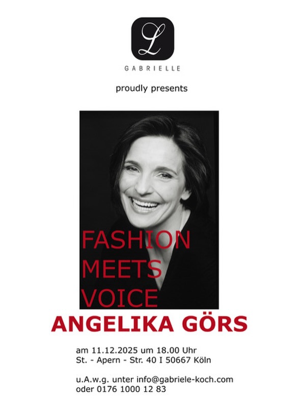 Ein besonderer Salon Couture erwartet uns ✨
Am 11.12.2025 wird es bei uns nicht nur stilvoll – sondern auch stimmgewaltig.
Ich freue mich sehr, Angelika Görs vorstellen zu dürfen: diplomierte Jazzsängerin, Vocal Coach, Sprecherin und eine Künstlerin, die mit ihrer Stimme berührt und inspiriert.
Gemeinsam tauchen wir ein in die faszinierende Welt der Stimme:
• Wie funktioniert unsere Stimme eigentlich?
• Was kann ich im Alter für meine stimmliche Vitalität tun?
• Paraverbale & nonverbale Kommunikation
• Interaktive Momente – wir singen gemeinsam
• Und zum Abschluss: Live-Songs mit Gänsehautgarantie
Angelika bringt eine beeindruckende Vita mit – von Auszeichnungen über Auftritte im Theater des Westens bis hin zu TV-Produktionen und ihrer aktuellen Konzerttour auf der MS Europa.
Und pünktlich zur Festtagssaison erwartet Sie im Atelier auch eine Auswahl eleganter Mode & Accessoires für alle glamourösen Anlässe – perfekt zum Verschenken oder um sich selbst etwas Gutes zu tun. ✨
Ich freue mich auf einen Abend voller Stimme, Stil und Inspiration.
Anmeldung erbeten.
#saloncouture #lgabriellekoch #köln #modeköln #kölnerdesign #angelikagörs #voicecoach #jazzsängerin #veranstaltungköln #stimme #fashioncologne #atelierköln #eventsinköln #sanktapernstraße