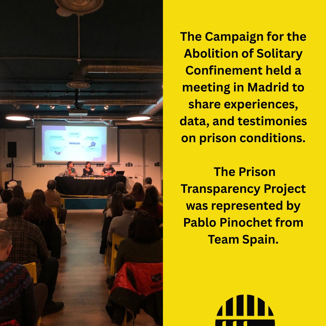 📢 El viernes pasado, la Campaña por la Abolición del Aislamiento Penitenciario —que reúne a diversas ONG comprometidas con la defensa de los derechos humanos— realizó un encuentro en Madrid para compartir experiencias, datos actualizados sobre condiciones carcelarias, sus impactos en los DDHH y testimonios de personas directamente afectadas.
🟠 El Prison Transparency Project estuvo presente a través de Pablo Pinochet, del Team Spain, quien representó al proyecto en este importante espacio de articulación y denuncia.
🎥 Para revisar la jornada completa, te dejamos el enlace: https://www.youtube.com/live/BHp75xfknbk?si=4A5oqxsJzCs2BGDr
(link también disponible en nuestra bio)
---------
📢 Last Friday, the Campaign for the Abolition of Solitary Confinement —which brings together various NGOs committed to the defense of human rights— held a meeting in Madrid to share experiences, updated data on prison conditions, their impact on human rights, and testimonies from people directly affected.
🟠 The Prison Transparency Project was represented by Pablo Pinochet, from Team Spain, who represented the project in this important space for coordination and advocacy.
🎥 To watch the full session, here is the link:
https://www.youtube.com/live/BHp75xfknbk?si=4A5oqxsJzCs2BGDr
(link also available in our bio)
___________
📢 Vendredi dernier, la Campagne pour l’Abolition de l’Isolement Carcéral —qui réunit diverses ONG engagées dans la défense des droits humains— a organisé une rencontre à Madrid pour partager des expériences, des données actualisées sur les conditions de détention, leurs impacts sur les droits humains et des témoignages de personnes directement concernées.
🟠 Le Prison Transparency Project a été présent grâce à Pablo Pinochet, du Team Spain, qui a représenté le projet dans cet important espace d’articulation et de dénonciation.
🎥 Pour revoir l’intégralité de la journée, voici le lien :
https://www.youtube.com/live/BHp75xfknbk?si=4A5oqxsJzCs2BGDr
(lien également disponible dans notre bio)