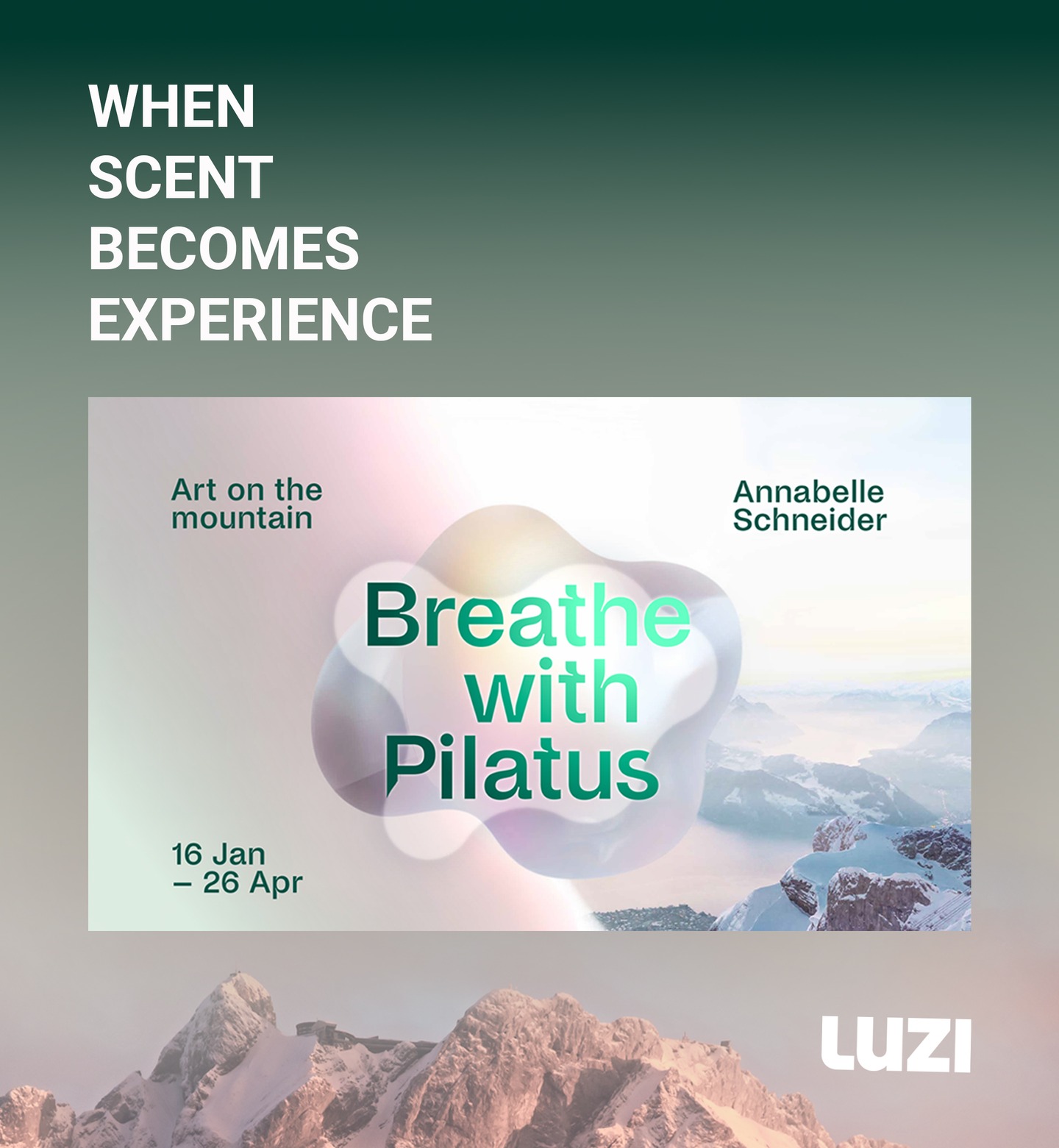 Within Annabelle Schneider's walk-in installation, a breathing cloud of fabric slows you down and connects nature with the present moment. Our fragrance becomes an invisible guide, translating the alpine feeling into an experience. We invite you to visit the installation, scented with Mount Pilatus' official fragrance as from January 16, 2026.
@annabellesbubble
@pilatus