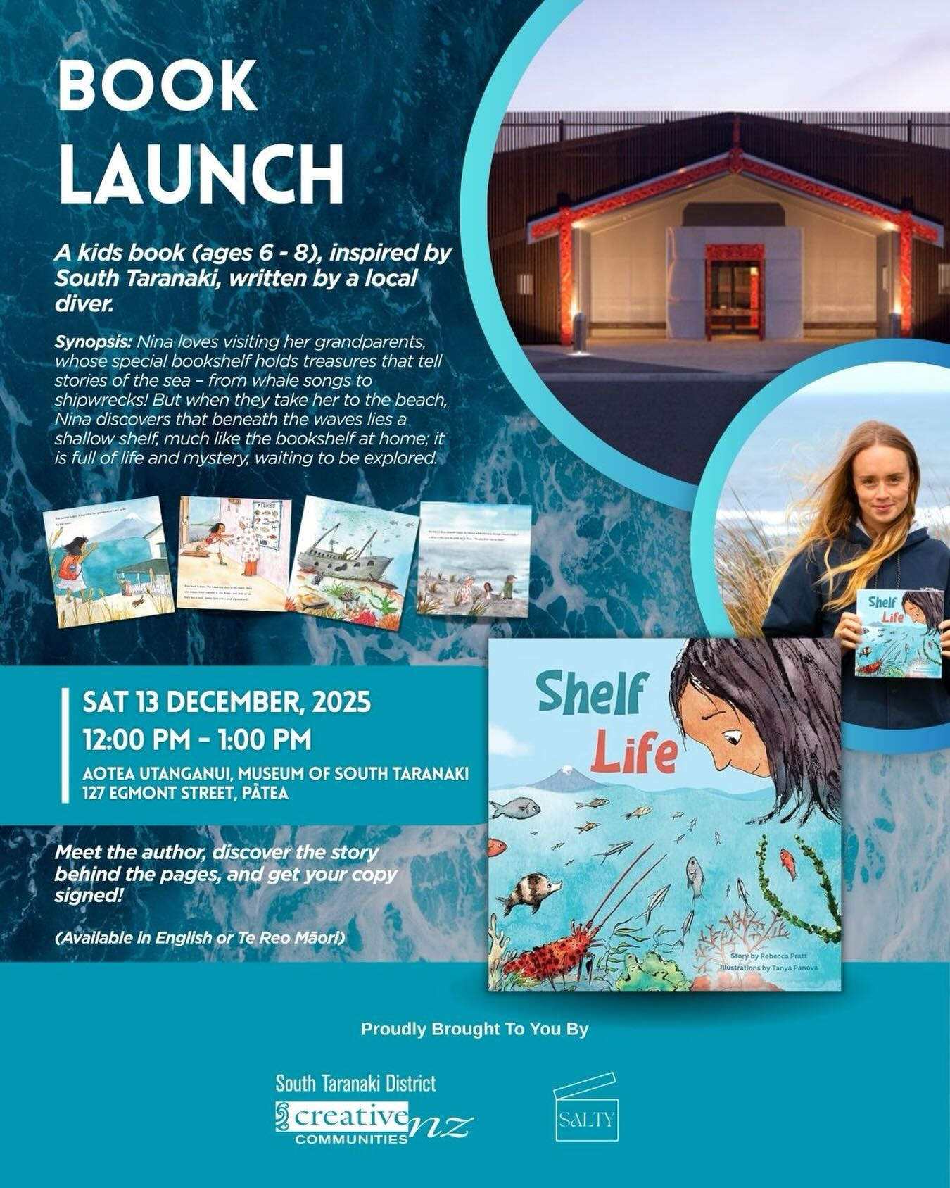 Here at Salty Slate, we’re super excited to announce the launch of Shelf Life / Paenga Ora! 🌊
The awesome team at @aotea.utanganui.museum - Museum of South Taranaki have created an epic child-friendly exhibition in their education room, to coincide with our launch! It features vibrant photography and films of the amazing life, offshore of South Taranaki (the place that inspired this fictional story).
About the Launch:
📍 Aotea Utanganui – Museum of South Taranaki, Pātea
🗓 Friday 13 December
⏰ 12:00pm - 1:00pm
📖 Books $25.00 (100% of profits will go toward creating more ocean educational resources)
About the Book:
• For tamariki ( ages 6 - 8 )
• Written by local South Taranaki Underwater Club member (and our founder) @rebecca_jayne
• Te Reo Māori translation by Maakere Edwards ( AATEA Solutions )
• Illustrated by Tanya Panova ( @panova_illustration )
Synopsis:
Nina loves visiting her grandparents, whose special bookshelf holds treasures that tell stories of the moana – from whale songs to reefs to shipwrecks. But when they take her to the beach, Nina discovers that beneath the waves lies a giant shallow shelf… just like the bookshelf at her grandparents house, it’s full of life and mystery, waiting to be explored!
See you there! 🐚✨