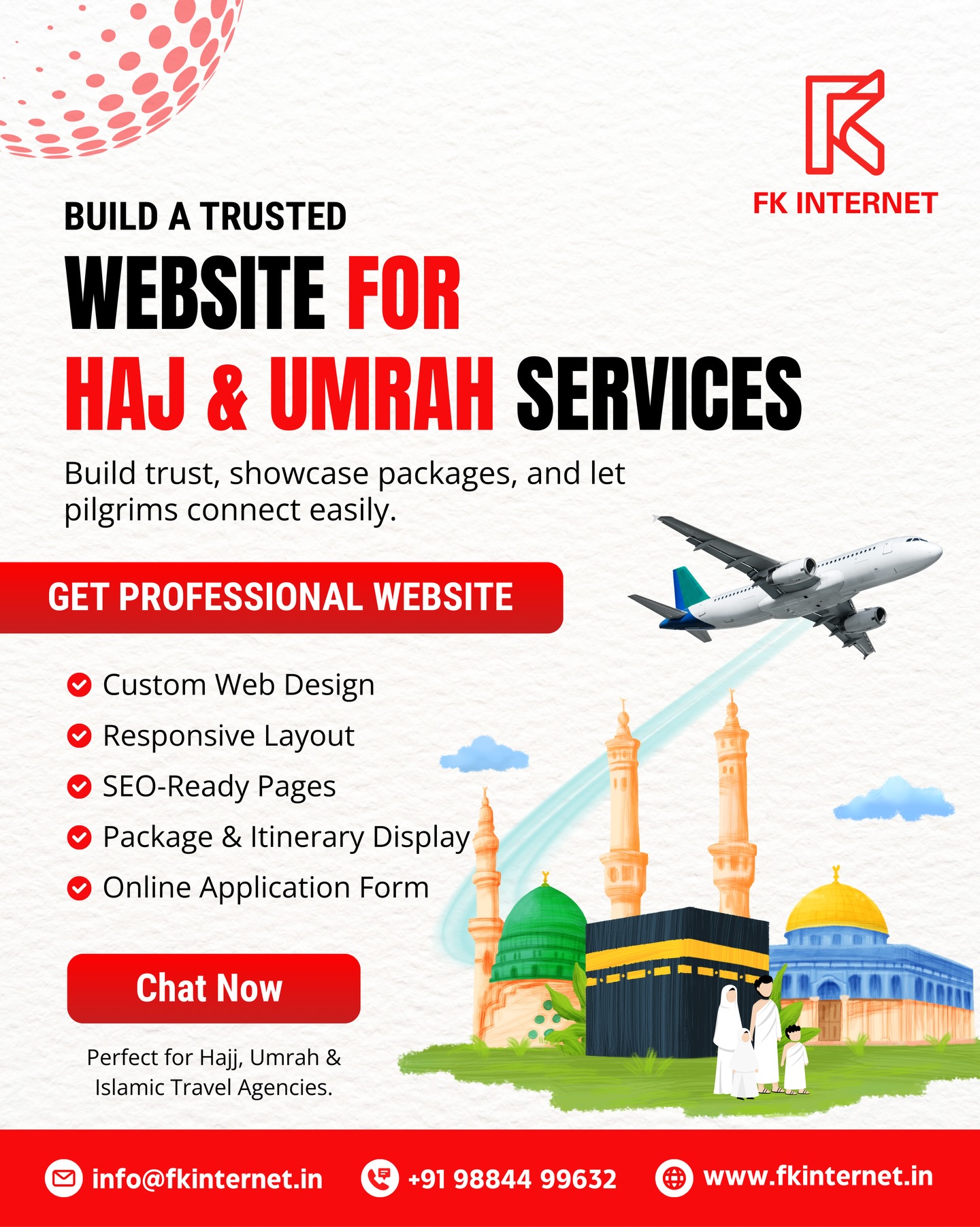 ๐ Looking to take your Hajj, Umrah or Islamic travel service online? ๐โ๏ธ
A well-designed website helps you build trust, showcase your packages, display detailed itineraries and provide a smooth enquiry experience for your pilgrims. ๐โจ
At FK Internet, we create custom, mobile-friendly and SEO-ready websites tailored for Hajj & Umrah service providers. ๐ป๐ฑ
Whether you offer Umrah packages, Hajj tours, Ziyarat packages or Islamic travel services โ we design websites that highlight your offerings clearly and professionally.
๐ผ Custom Web Design
๐ฑ Mobile Responsive Layout
๐ Package & Itinerary Display
๐ Online Application & Enquiry Forms
๐ DM us to start your website today.