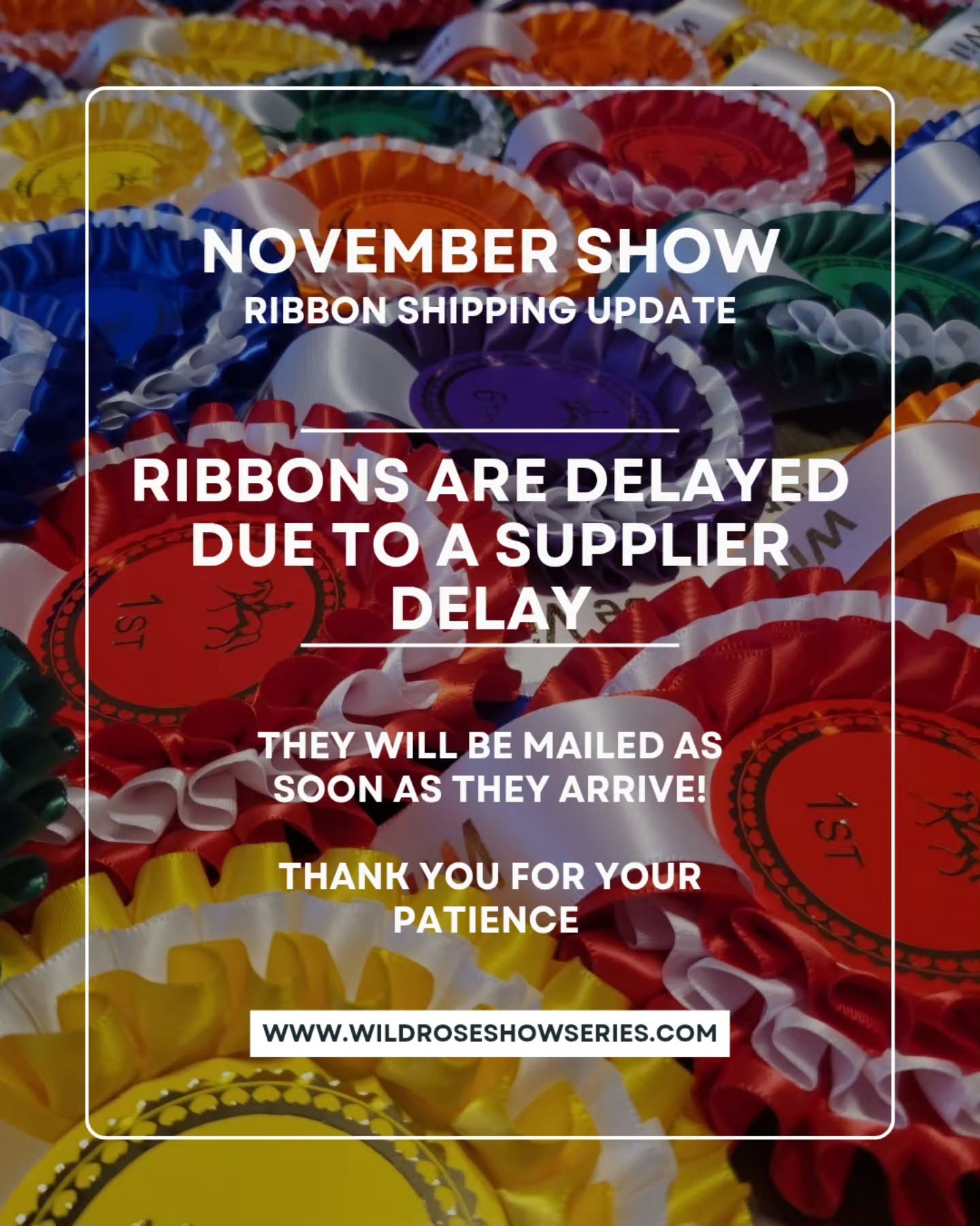 🚨 Ribbon Shipping Update – November Show 🚨
We wanted to share a quick update regarding the November show ribbons.
Unfortunately, there has been a delay from our ribbon supplier, which has caused a delay in shipping them out to you.
We sincerely apologize for the inconvenience and appreciate your patience and understanding. As soon as the ribbons arrive to us, the November show ribbons will be mailed out right away.
Thank you so much for your continued support! We can’t wait for you to receive them! 🏆✨