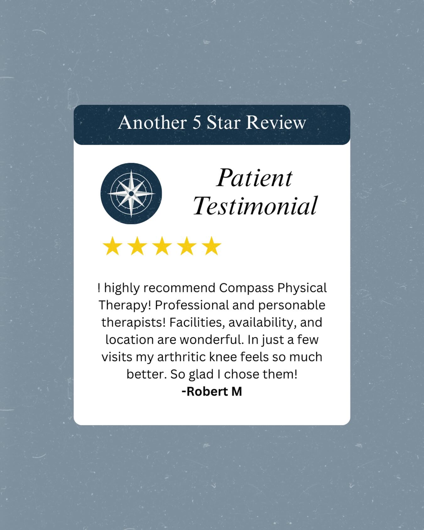 💥Testimonial Tuesday 💥
We love hearing feedback like this!
Our goal is to combine professional care with a personal touch - and we’re so glad it made a difference for this patient’s knee pain.
Thank you for choosing Compassion Physical Therapy! 🧭
#compasspt #physicaltherapy #testimonialtuesdays #reviews