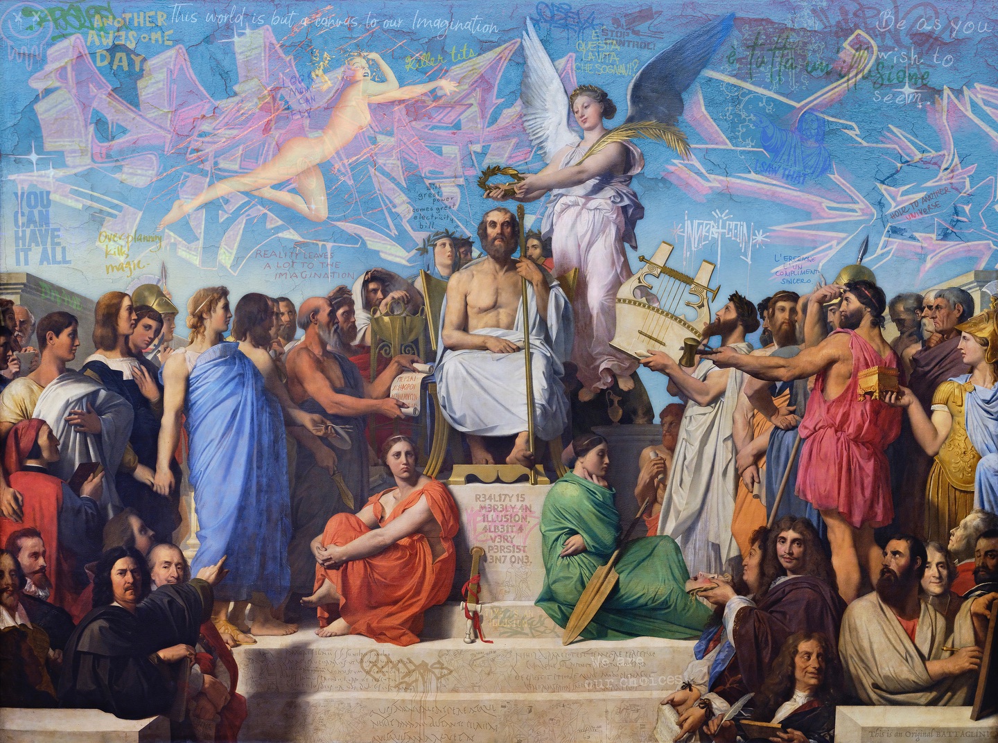 GREAT POWER by Marco Battaglini
Where ancient wisdom meets the chaotic beauty of our modern imagination.
A throne surrounded by philosophers, gods, rebels, and dreamers, all rewritten through graffiti and cosmic messages.
Because true power isn’t in domination, but in awakening - the kind that reminds us we are eternal souls navigating temporary bodies.
If you could rewrite your own mythology… what would you choose to believe?
#MarcoBattaglini #ArtPopClassic #rewriteyourreality