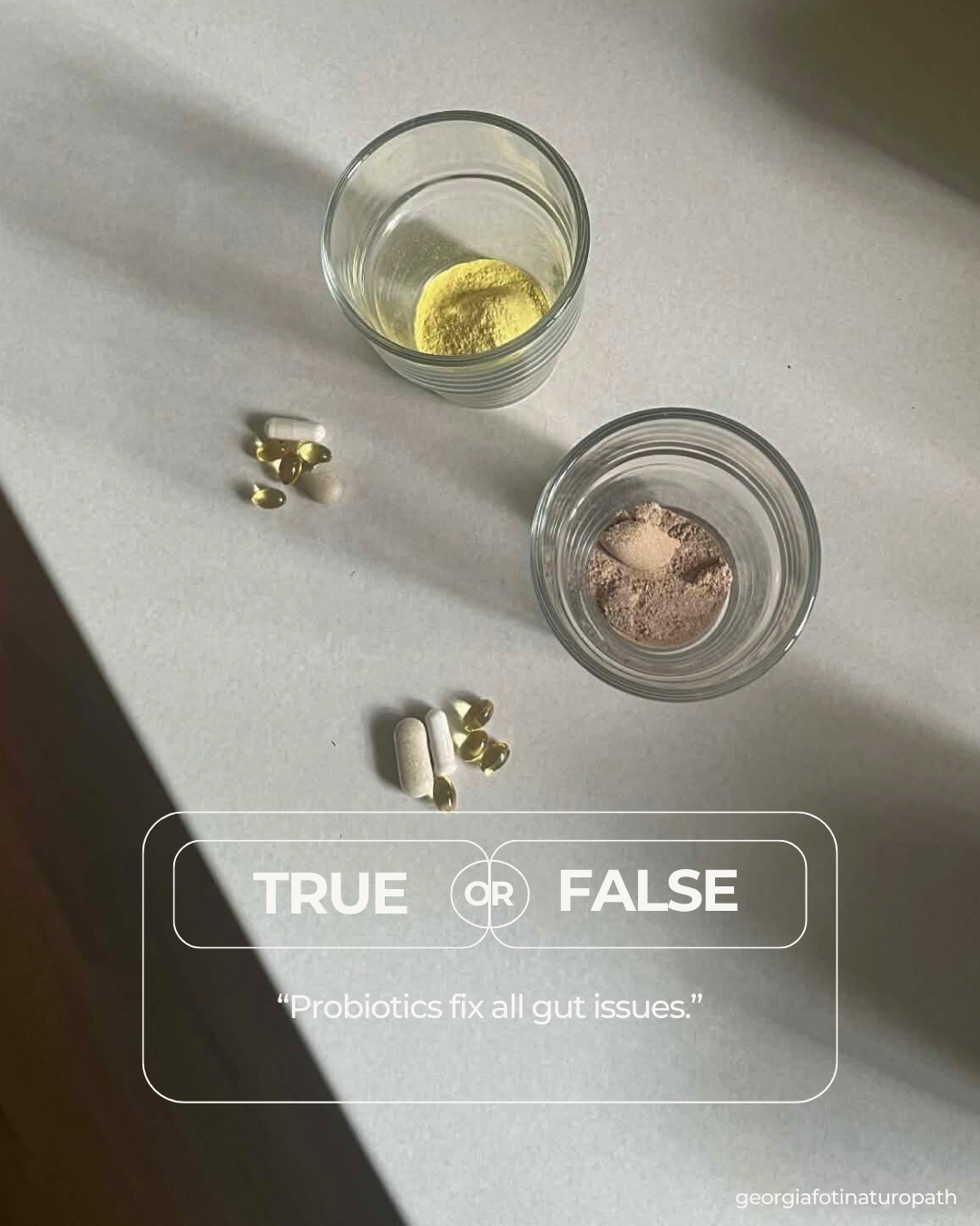 Probiotics are great, but they’re not a solution to all digestive concerns.
Most uncomfortable symptoms aren’t caused by a lack of beneficial bacteria (probiotics) — they’re caused by things like eating on the go, poor gut motility (movement of the muscles of the intestines), insufficient gastric acid production, an overgrowth of unfavourable organisms, poorly managed stress, or a diet high in processed food.
If the gut environment isn’t right, adding more “good bacteria” won’t do much. PLUS, not all probiotic strains do the same thing — so a generic probiotic rarely targets the real root cause.
Think of probiotics as support, not the solution. Fix the why behind your symptoms, work with a practitioner to chose the most clinically indicated probiotics for you with the ultimate goal to not feel like you have take a probiotic for the rest of your life!