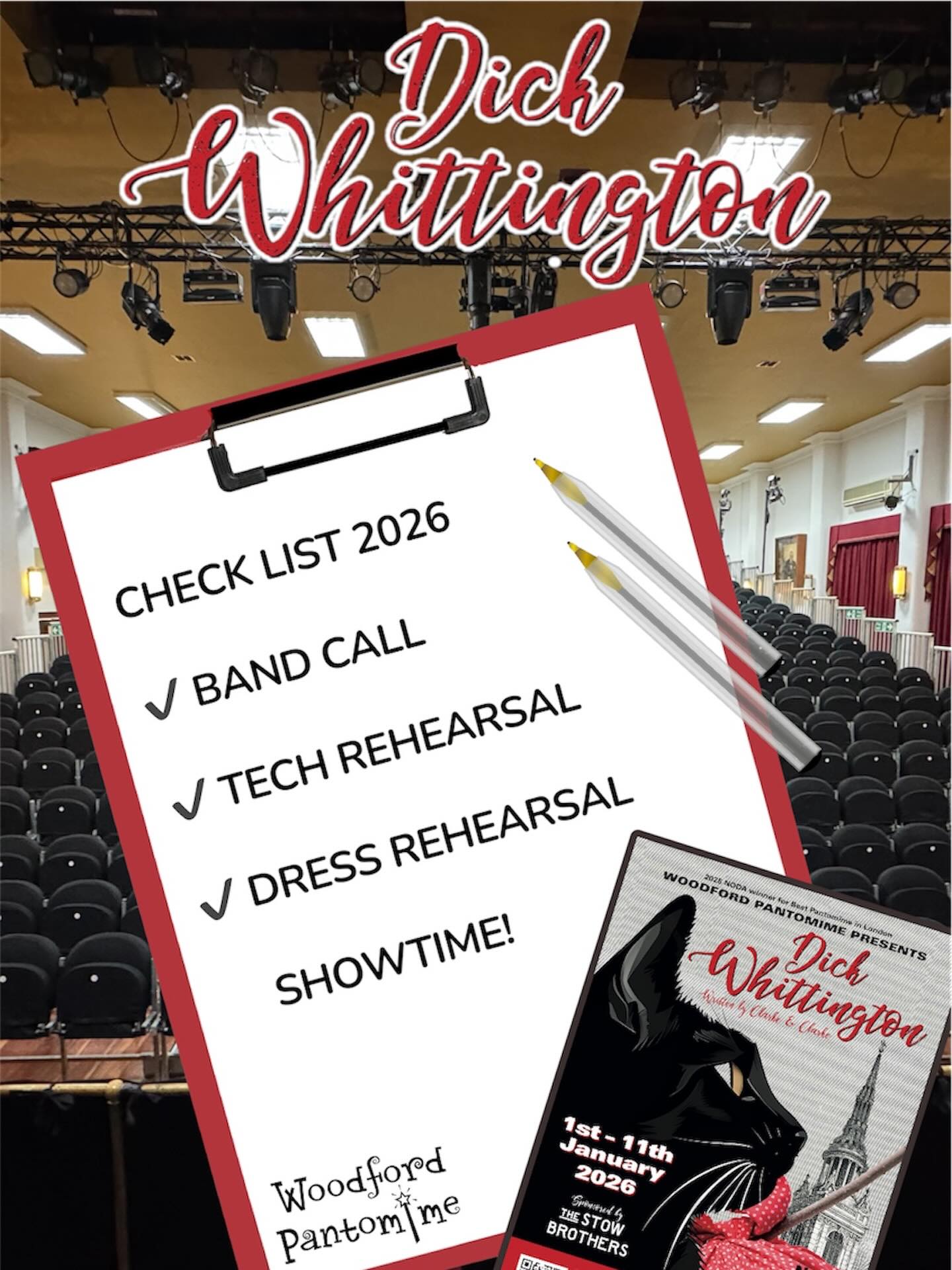 The scene is set, Hawkey Hall is ready, and after months of planning and rehearsing, our pre-show checklist is complete. All we need now is a loud, proud, and supportive audience!
There are still tickets left… but not for long! Once word gets out, they’ll be gone before you can shout “Oh yes they are!”
📍 Sir James Hawkey Hall, Woodford Green
🎟️ Call our box office number or email to reserve/book tickets, pay by bank transfer to avoid the booking fee!
📞 07391 222 464
💻 www.woodfordpantomime.co.uk
📧 woodfordpantocommittee@outlook.com