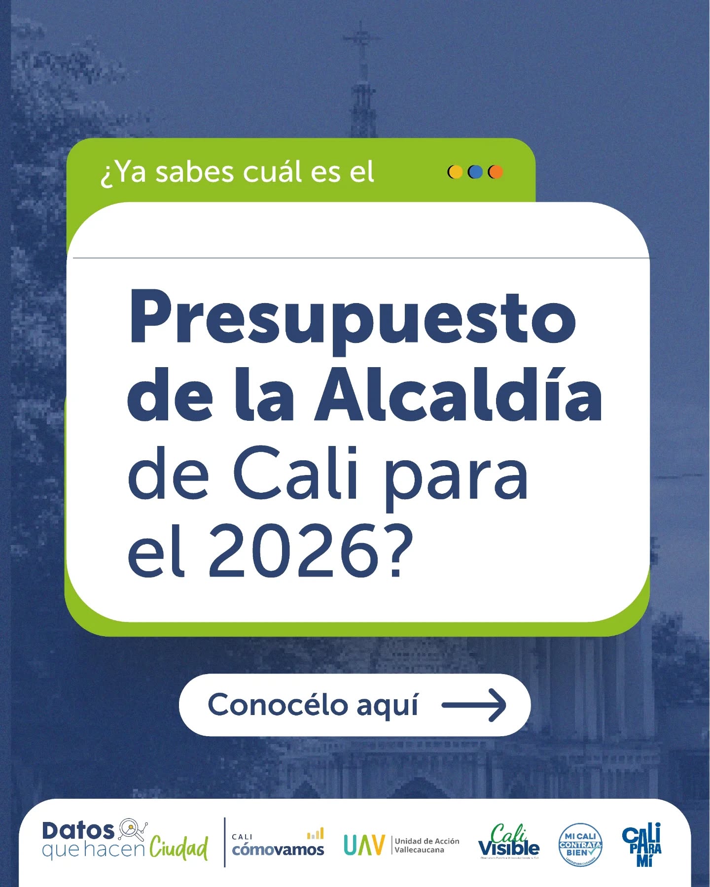 📊 Adoptado el presupuesto de @alcaldiadecali para 2026 por $7,5 billones
Estos recursos definen la inversión, el funcionamiento de la Administración y el pago del servicio de la deuda. 💰📈
✅ Desde la Alianza #DatosQueHacenCiudad te contamos cómo se distribuyen estos recursos, qué organismos concentran mayor asignación y en qué se invertirán. 🏙️🔍
🔎 Conoce más información en nuestro boletín 👉 https://bit.ly/Boletinppto2026
