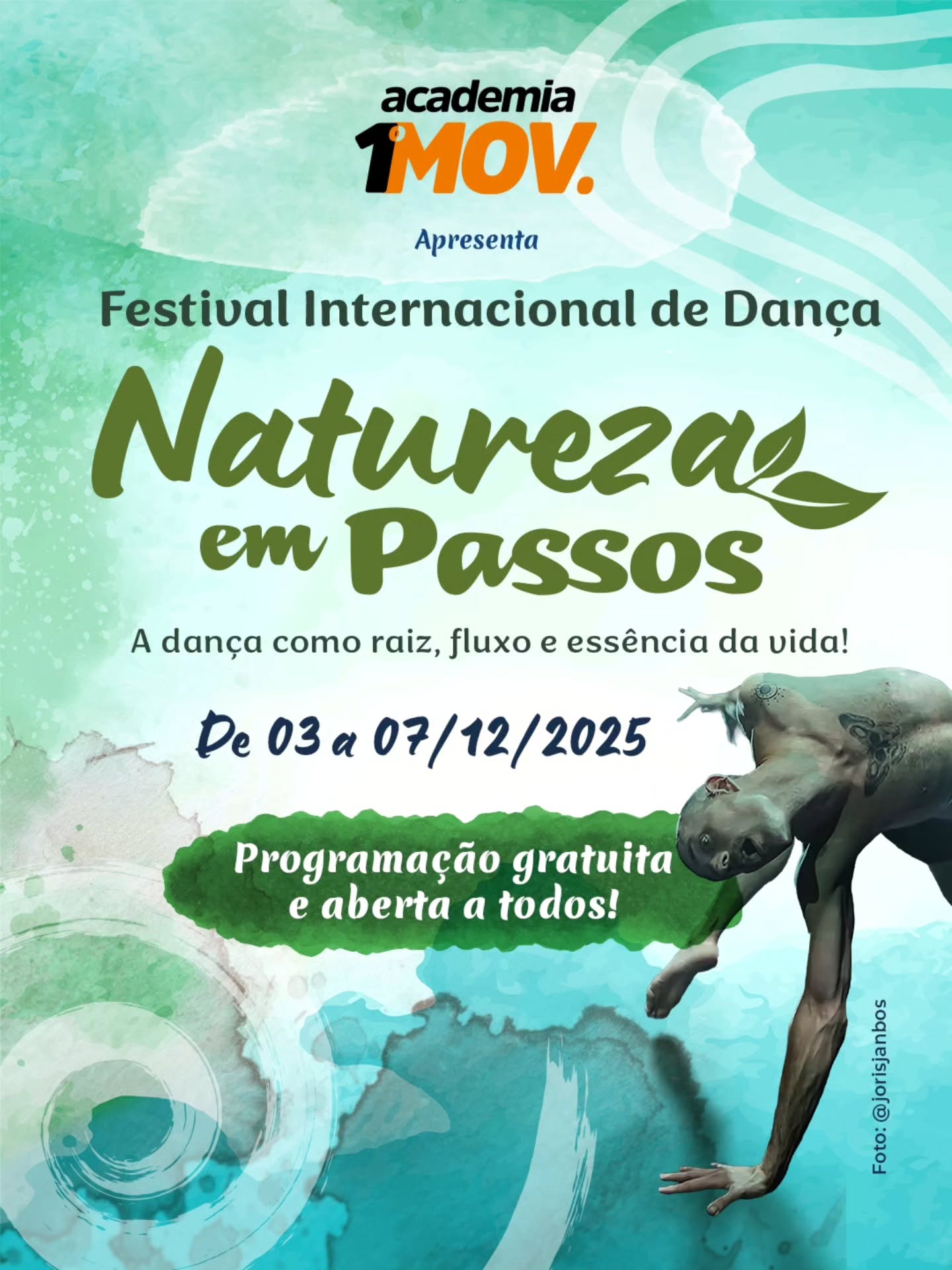 Barra Bonita será palco de uma grande celebração da Dança e da Natureza!
De 03 a 07 de dezembro, acontecerá o Festival Internacional “Natureza em Passos – A dança como raiz, fluxo e essência da vida”.
Um encontro que une arte, movimento e conexão profunda com o meio ambiente — reunindo bailarinos, o coreógrafo holandês Richèl Wieles e amantes da dança, as Artes e da Cultura em uma programação totalmente gratuita e aberta a todos os públicos.
O festival é uma realização da Academia 1 Movimento e conta com o apoio do Consulado dos Países Baixos, Talent Smithy e Caçambaria.
Anote na agenda e venha viver essa experiência!