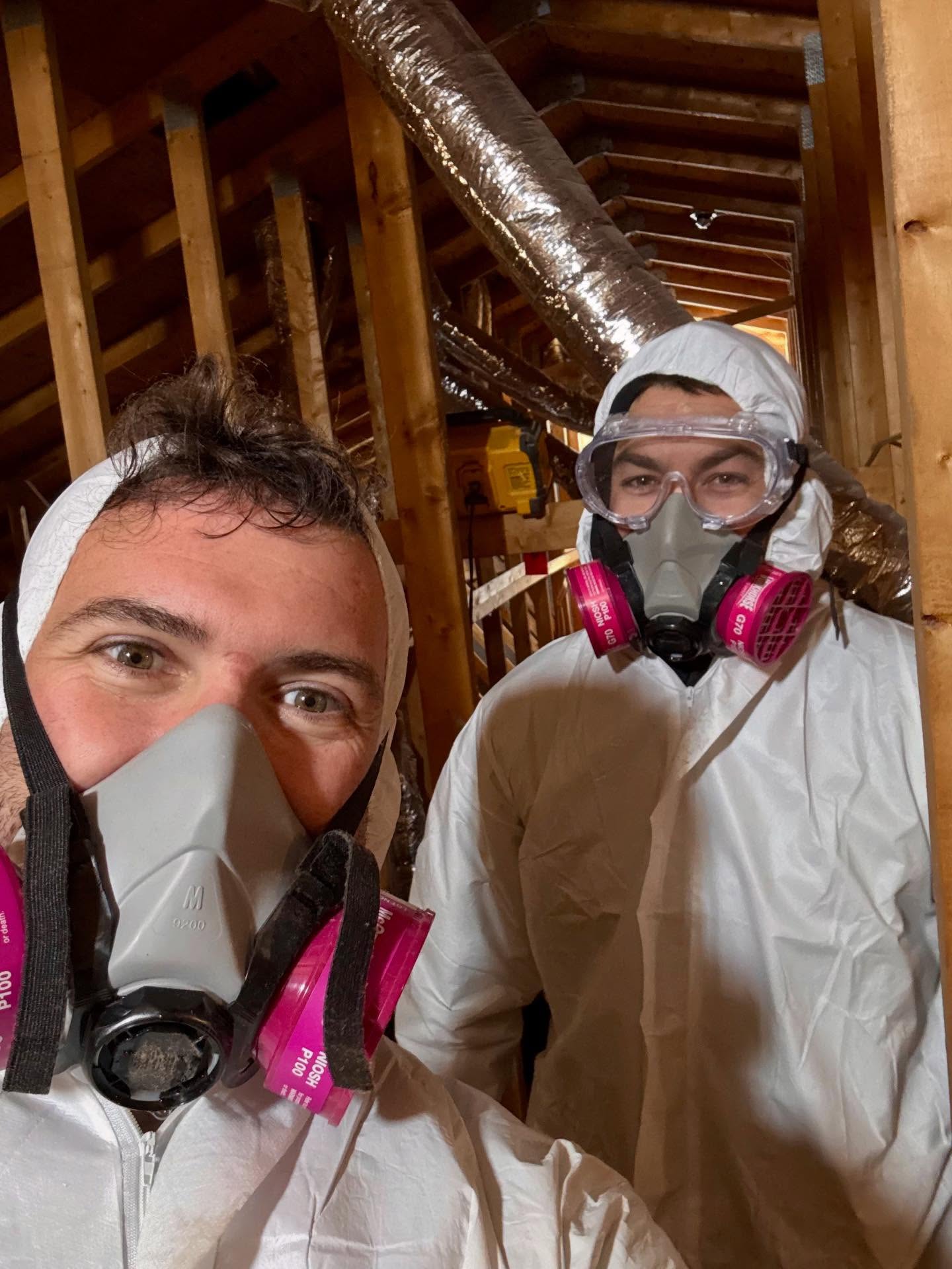 Les gars travaillent fort, mais avec le sourire. Justin et Marc sont en train de vider la laine dans un entretoit. #entretoit #constructionvcm #breakingbad #isolation #laine