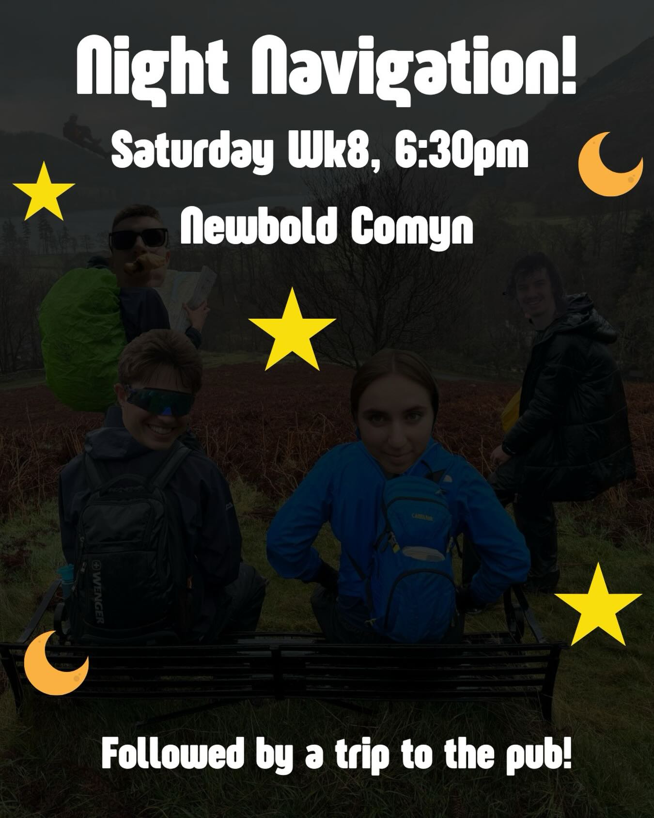 Hello Mountaineers!!!
This Saturday!! Night Navigation!! Followed by the pub!!! Meet us at 6:30 outside Newbold Comyn Leisure Centre.
For those who have been coming to the Skillz for the Hillz sessions, this is a great opportunity to put those skillz into practise!