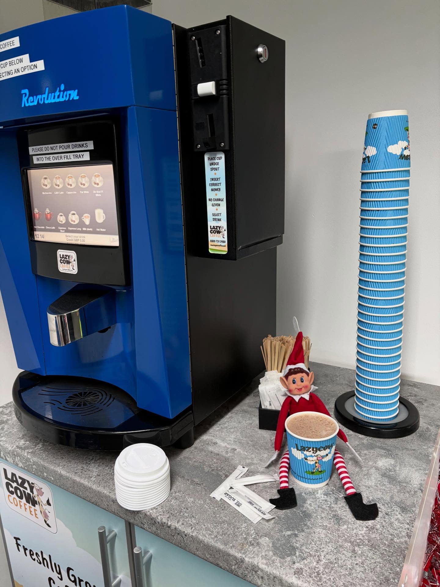 Day 2 and our elf’s keeping himself nice and warm with one of our lovely hot chocolate’s 🎄☕️