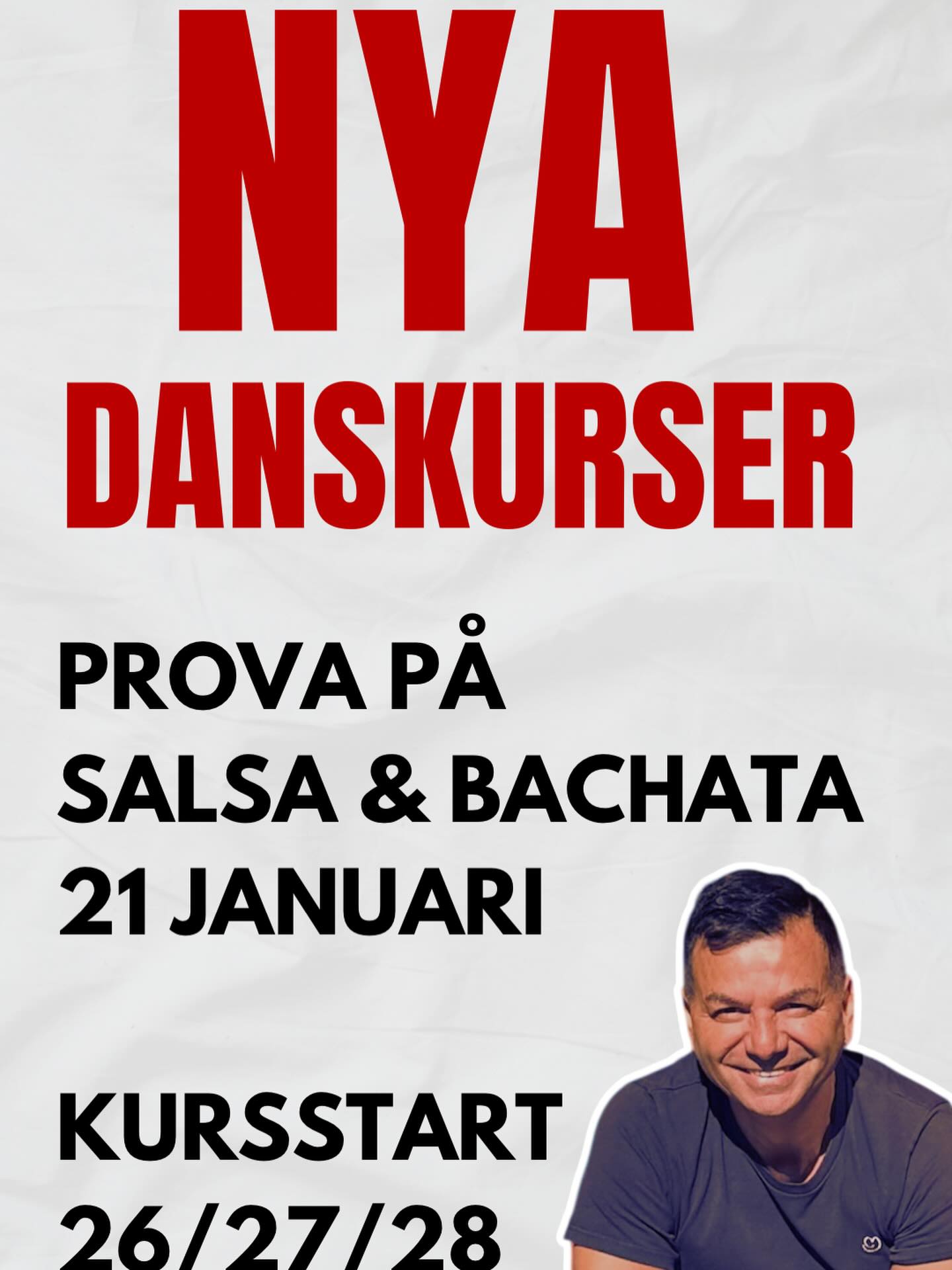 Öppet Hus onsdag 21 januari på ABF i Helsingborg
17:00-17:30 Bachata beginners
17:30-18:00 Bachata improvers
18:00-18:30 Bachata intermediate
Paus
18:45-19:15 Salsa beginners
19:15- 19:45 Salsa improvers
19:45-20:15 Salsa improvers 2
Danskurser start 26, 27, 28 Januari
Måndagar
17:00 Salsa beginners 2
18:00 Bachata intermediate
19:00 Salsa improvers 2
20:00 Showgrupp
Tisdagar
18:00 Bachata beginners
19:00 Salsa beginners 1
20:00 Bachata Sensual, gratis bonuskurs vid köp av minst en annan Bachatakurs
Onsdag
18:00 Bachata improvers
19:00 Salsa improvers 1
20:00 Showgrupp
Om instruktören:
Orlando kommer ursprungligen från Chile och har över 25 års erfarenhet som instruktör i bland annat salsa (kubansk- och linjestil), bachata (moderna och sensual), Zumba , Zouk både i Sverige och internationellt!
Orlando har vunnit både svenska- och nordiska mästerskapen i salsa och tog ett brons på världsmästerskapen 🏅🏅
Han har medverkat i flera internationella dansprojekt genom åren och har rest världen runt på danskongresser och festivaler.
Orlando var först i Helsingborg att ge kurser i bachata och han utbildade sig tidigt hos några av världens mest framstående instruktörer:
🔸 Bachata Moderna – Basic, Intermediate & Advanced (Ataca y Alemana)
🔸 Bachata Sensual Official Instructor (Korke & Judith)
🔸 Bachata Sensual Masterclass (Daniel y Desirée)