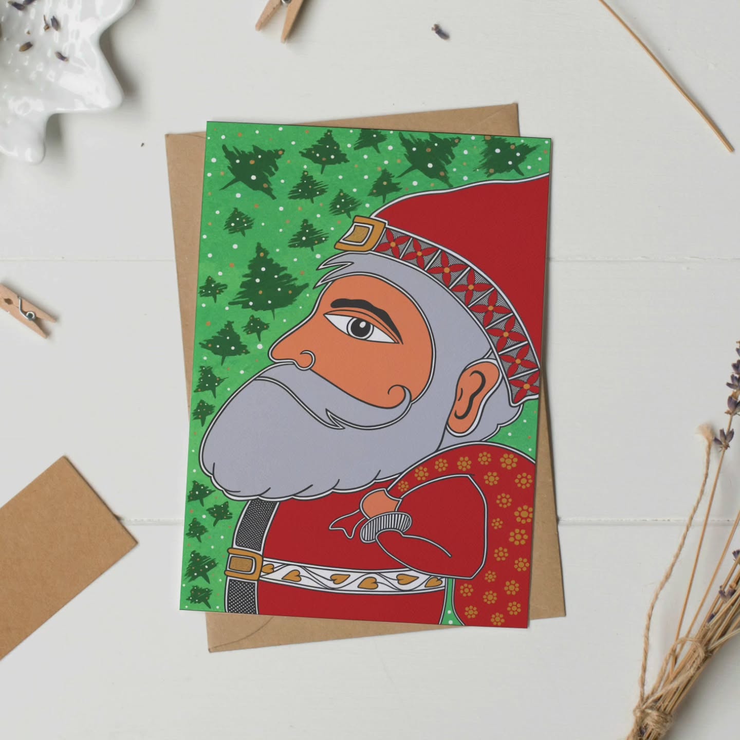 When Santa takes a detour through India and comes back looking this stylish. 🎅✨
#christmasdecor #christmastime #santaclaus #madhubani #merrychristmas #christmasvibe #holidayseason #surfacepatterndesign #illustration #festivevibes #mockup #greetingcards #surfacepatterndesigner