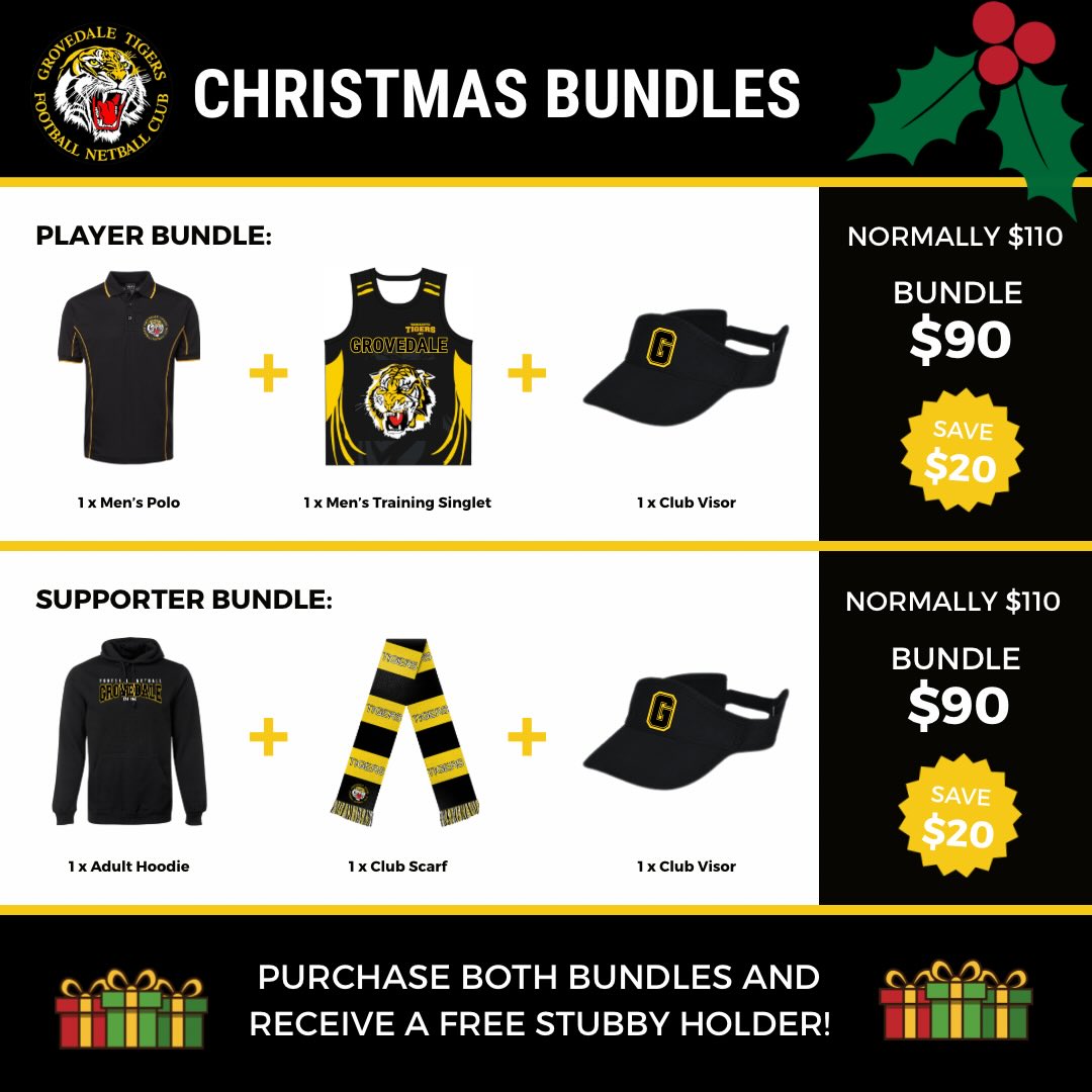 Our merchandise bundles have dropped just in time for Christmas gifting! Order now and be ready for season 2026.
To place an order online visit our new Grovedale Tigers Shop on PlayHQ (link in bio) or email us at grovedalefootball@gmail.com