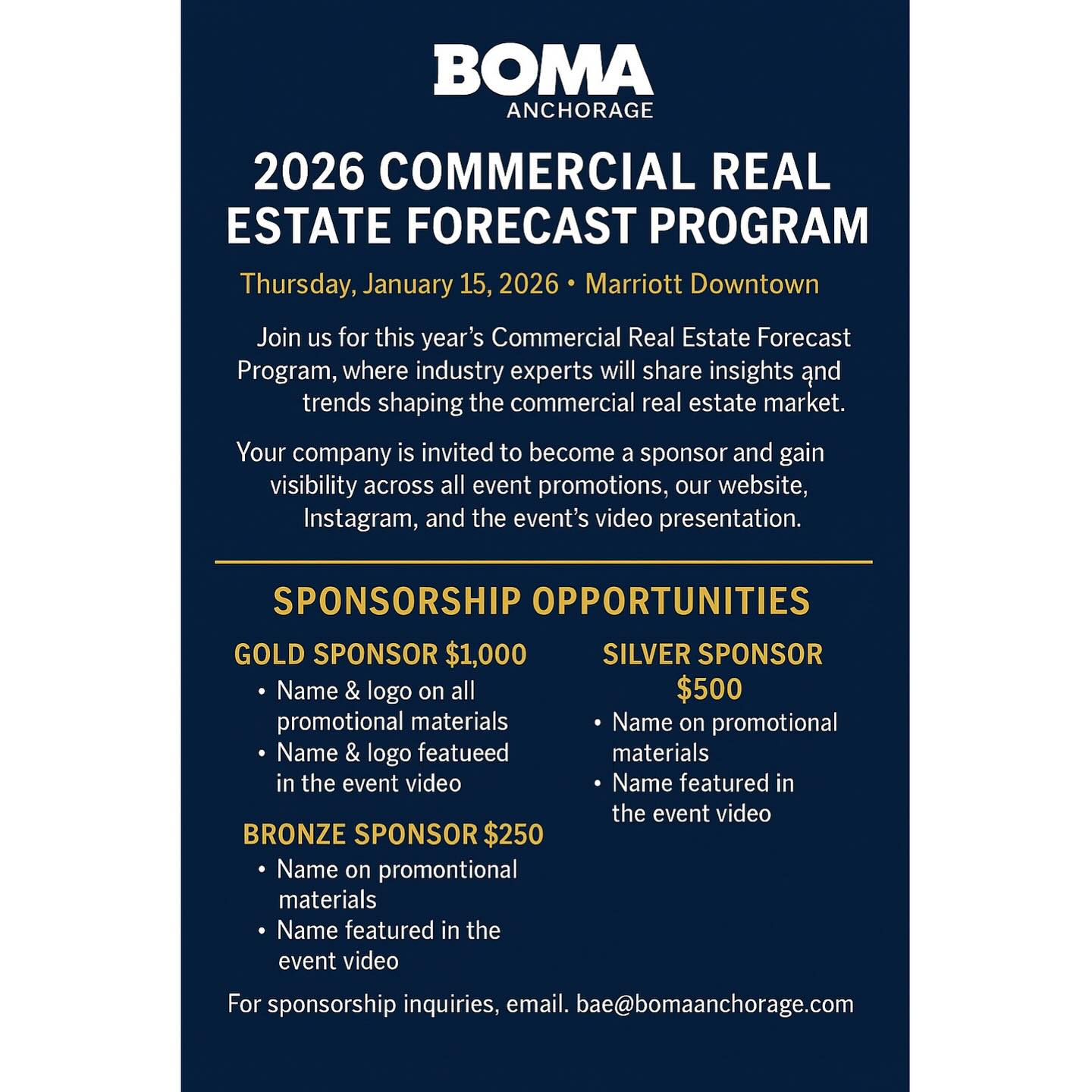 The 2026 Commercial Real Estate Forecast Program is coming up! 📊✨
Join us January 15 at the Marriott Downtown for insights from industry leaders and networking with Alaska’s CRE community.
Thinking about sponsoring?
We have Gold, Silver, and Bronze levels available.
Email bae@bomaanchorage.com for info.
#AnchorageEvents #CommercialRealEstate #CRECommunity #BOMAAnchorage