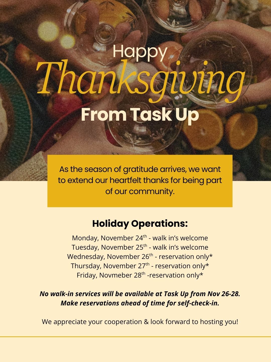 Happy Thanksgiving from the Task Up Team! For any questions about reservations, please feel free to DM us! 🐝
#TaskUpPhilly #PhillyCoworking #HappyHolidays
Book Now! https://www.task-up.com/book-task-up