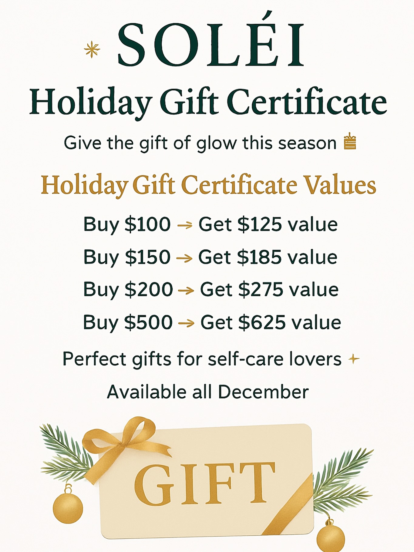 Because self-care is truly the best kind of present 💁♀️✨
Give the gift of glow this holiday season with a SOLÉI Gift Certificate, now with bonus value all December long❗️🎁✨
Whether it’s relaxation, beauty, or the ultimate self-care moment… there’s something for everyone at SOLÉI.
Perfect for gifting. Perfect for treating yourself. 🌿✨
#NewHavenSpa #CTSpa #SelfCareSeason #HolidayGifts #GiftCertificate #CTBeauty #SpaDayGift #WellnessGifts #SelfCareMatters #CTMoms #CTWomen #GlowUpSeason #SkincareLovers #SpaSpecials #HolidayDeals #BeautyPromo #SupportSmallBusinessCT