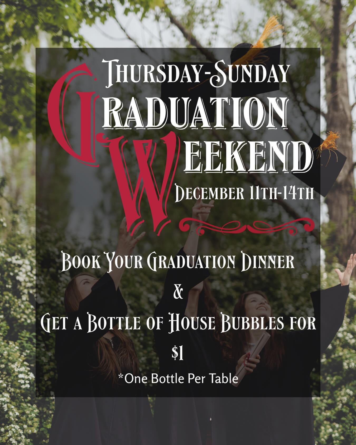 🎓 It’s Grad Weekend once again!
This Thursday through Sunday, we’re celebrating our newest MSU graduates with a special offer:
🍾 Enjoy a bottle of bubbles for the table for just $1 when you join us for dinner.
Just let your server know.
✨ Cheers to you, @montanastateuniversity Grads!
#bozeman #bozemanmontana #montanastateuniversity #downtownbozeman #1864