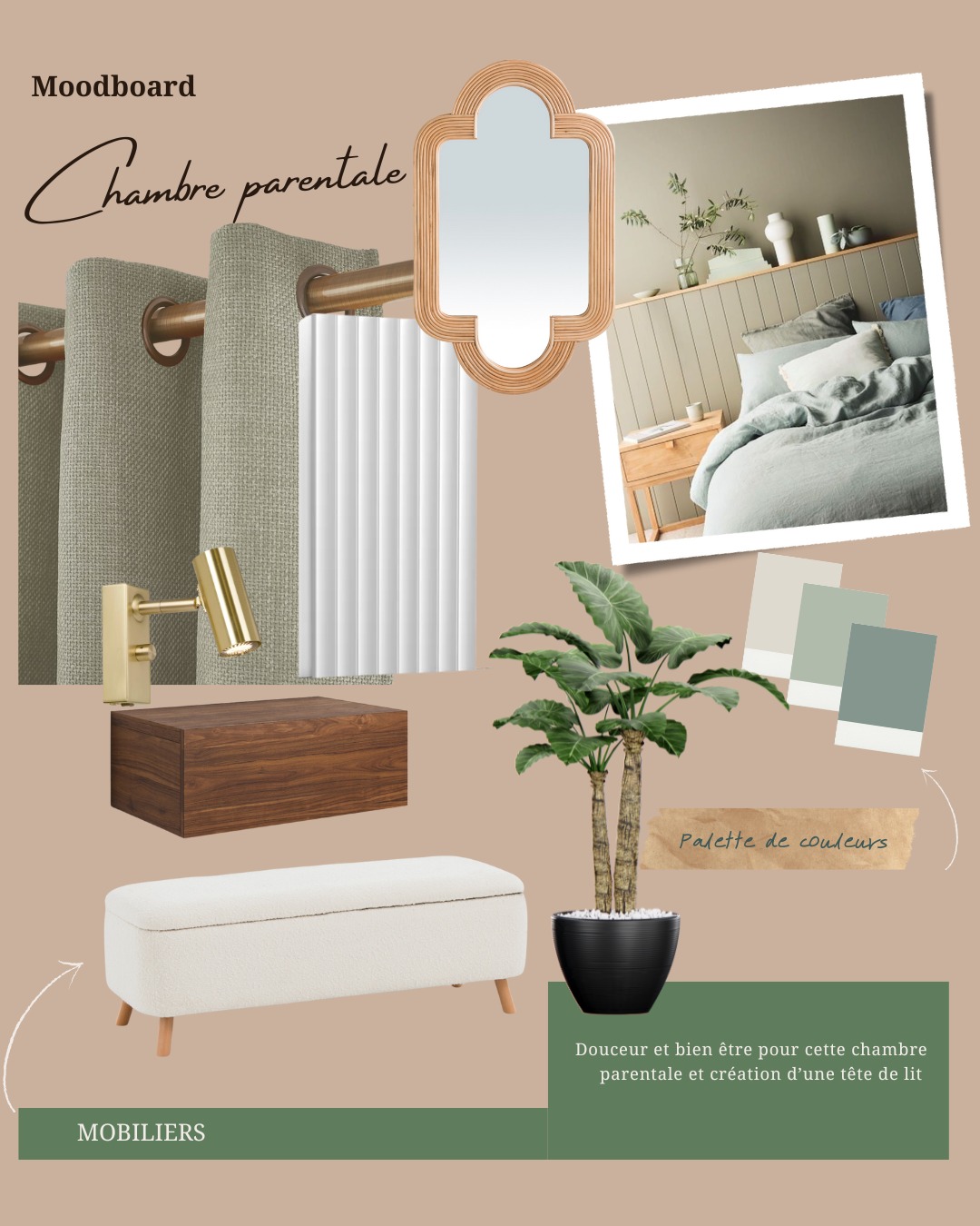 Hello,
Partage aujourd'hui du moodboard pour un projet de rénovation sur une chambre parentale sur la commune de Serres-Castet.
Les travaux commencent et les clients ont choisi le vert sauge comme fil conducteur de cette rénovation.
L'artisan va créer une tête de lit sur la totalité du pan du mur. Un revêtement mural 3D sera posé sur cette nouvelle tête de lit.
Des touches de doré seront apportées par les appliques murales et la tringle à rideau, les prises et du bois foncé pour les tables de chevet et enfin du linge de lit en lin.
Pour les références des produits choisis :
- appliques murales : la référence "CATO" de chez @thecoolrepublic
- tables de chevet : la référence "VESPER" de chez @am.pm
- miroir rotin "RIVIA" de chez @laredoute
- panneaux 3D de chez @orac_france
J'ai hâte de voir le projet fini !
#deco #decoratrice #decoratricedintérieur #amenagementinterieur #décoration #chambreparentale #renovations #paumaville