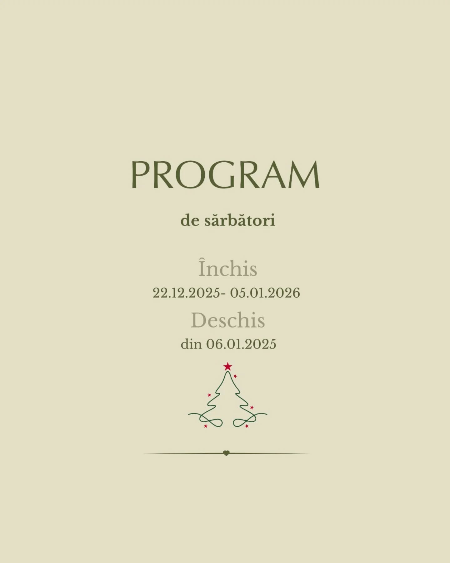 Un program de sărbători şi câteva gânduri. 🎄
Din toată inima iubesc această perioadă a anului, de dinainte de Crăciun. Cu un strop de magie şi vreo trei (glumeeesc...vreo 28468495729) de agitație, rămâne preferata mea.
Sunt, în mare parte, one-woman show şi, mai presus de o pauză de la magazin, am nevoie de o pauză pentru a trăi, cu adevărat, ceea ce îmi doresc să inspir şi prin spațiul nostru — simply beautiful living. 🫶🏻
Aşa că închid uşa grabei, a ultimei sute de metri şi o deschid pe cea a timpului petrecut cu sens.
Vă aştept cu drag până duminica aceasta, ora 13:00.
Ela