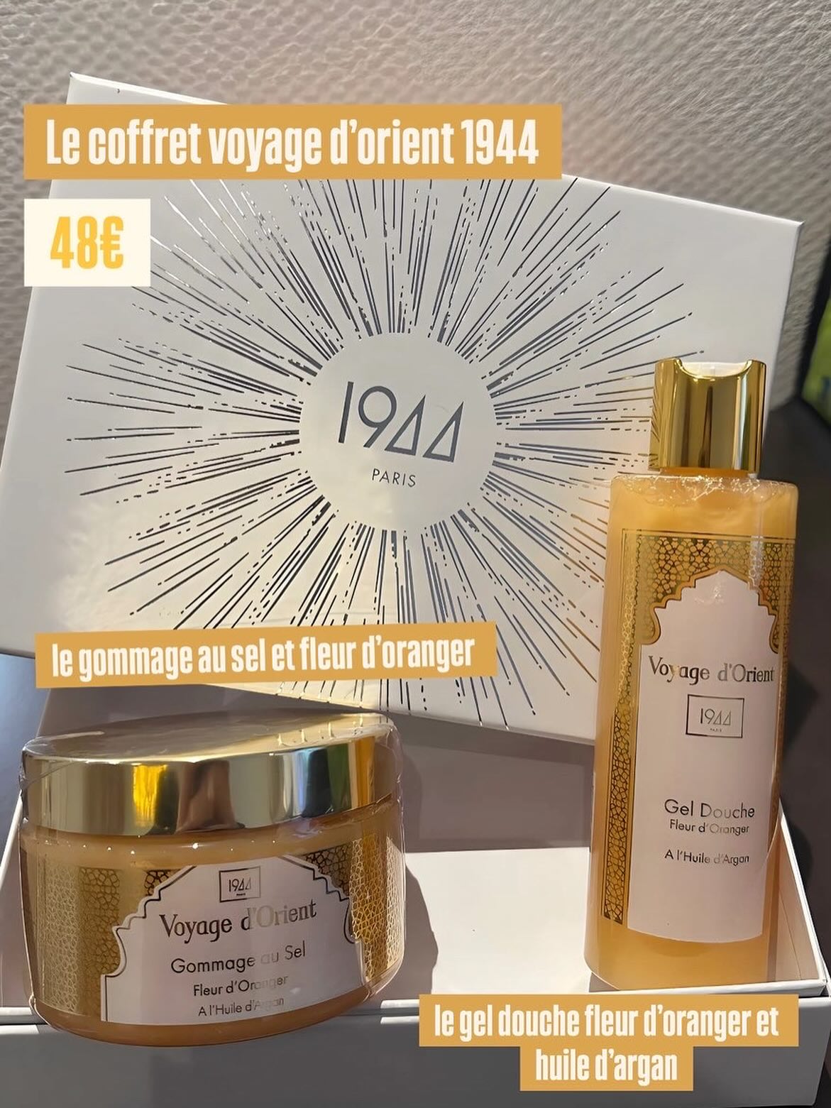 Le coffret voyage d’orient ✨ Le gommage au sel et fleur d’oranger, et le gel douche fleur d’oranger et huile d’argan à 48euros💆♀️ #institutdebeauté #imanebeauty #coffret #idéecadeau #1944