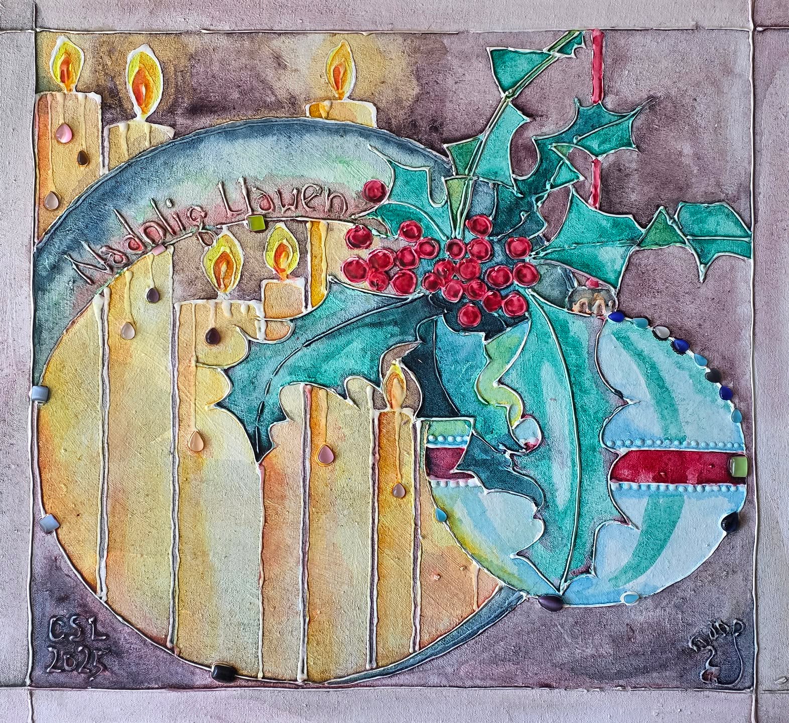 The annual Christmas card this year is from an original gesso, glass cabouchon and tempera panel.
Sending the very best of the season's greetings to all friends and followers of the Stripey Hound.
Have a joyous and peaceful time, and we will see you in 2026!
Love and Best Wishes
Cherry and The Stripey Hound
#stripeyhoundart #aberystwythschoolofart #annualchristmascard #gesso #margaretmacdonaldmackintosh #uniorbust #hollyberries #nadoligllawen