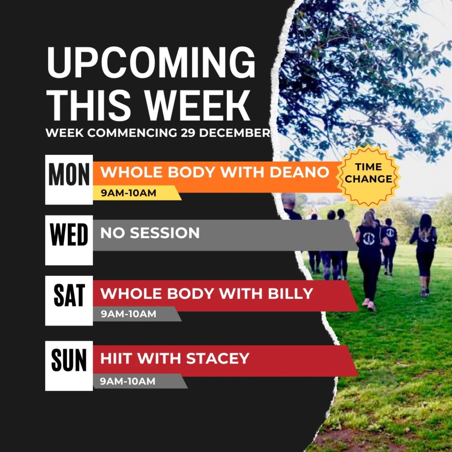 🚨TIMETABLE CHANGE REMINDER🚨
⭐️MORNING SESSION Mon 29th Dec 9am-10am due to Argyle
⭐️NO SESSION Wed 31st New Years Eve
⭐️Thursday 1st Jan some of us are doing New Years Day Park Run, meet at clock tower at 8.50 for 9am start if you'd like to join, all welcome
⭐️Usual timetable resumes Sat 3rd Jan