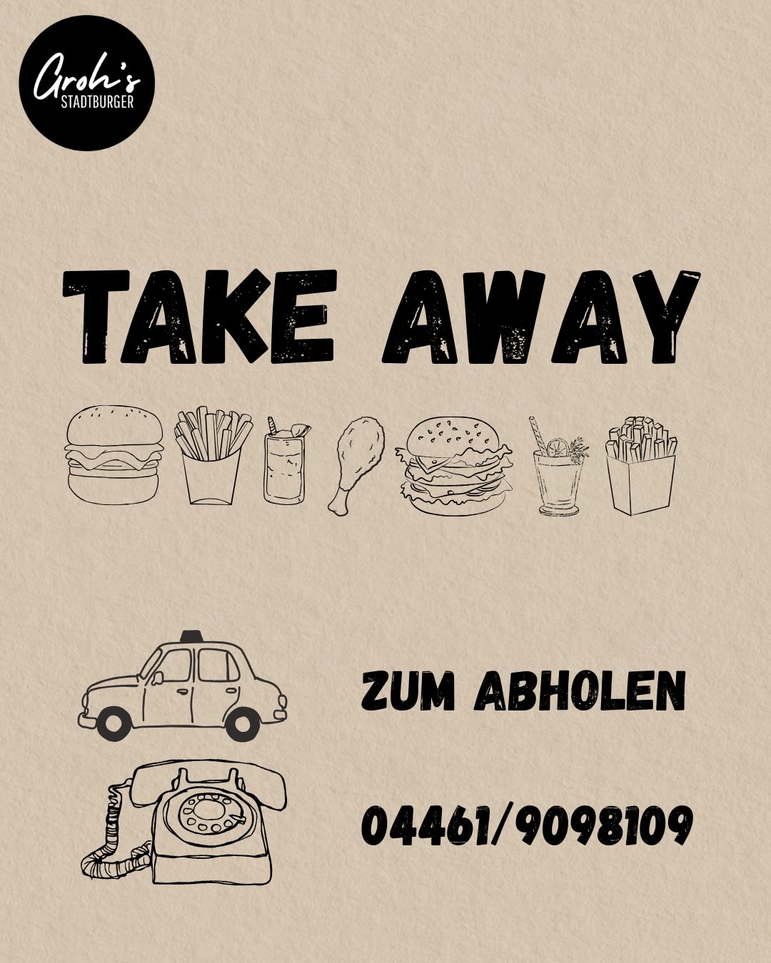 Liebe Leute,
ab jetzt könnt ihr euren Burger, euer Menü, eure Snacks oder auch nur eure Pommes bei uns rausholen und zu Hause oder unterwegs genießen!
Ganz einfach anrufen, bestellen und abholen oder vor Ort bestellen und mitnehmen.
Kommt vorbei!
Wir freuen uns auf euch!