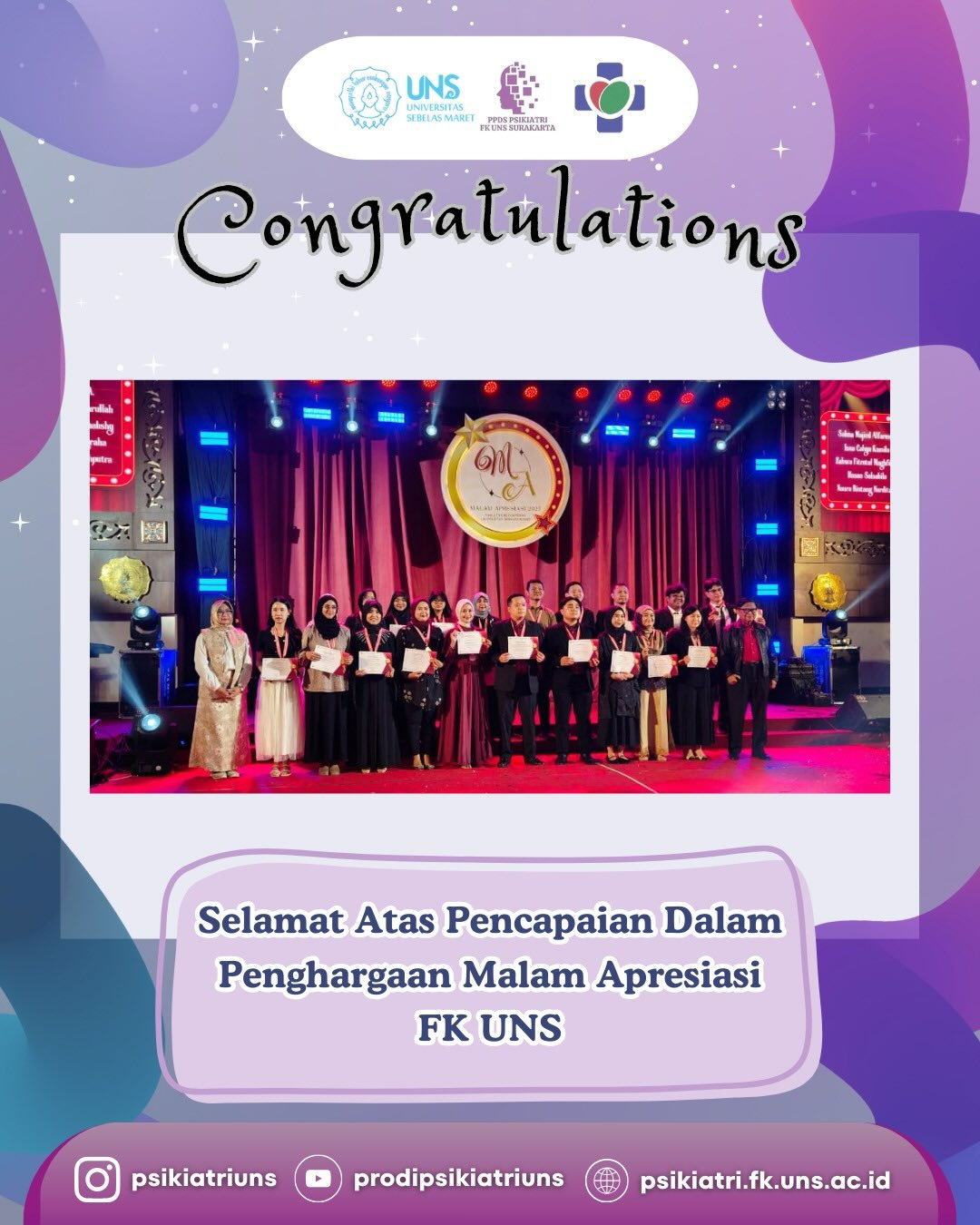 ✨ Congratulations! ✨
Selamat kepada Residen Program Studi Psikiatri FK UNS atas pencapaian luar biasa dalam Malam Apresiasi Fakultas Kedokteran UNS 2025 🏆
Semoga capaian ini menjadi motivasi untuk terus berkarya, berprestasi, dan mengharumkan nama institusi dalam dunia akademik dan profesional 🌱
👏 Bangga menjadi bagian dari Psikiatri FK UNS!