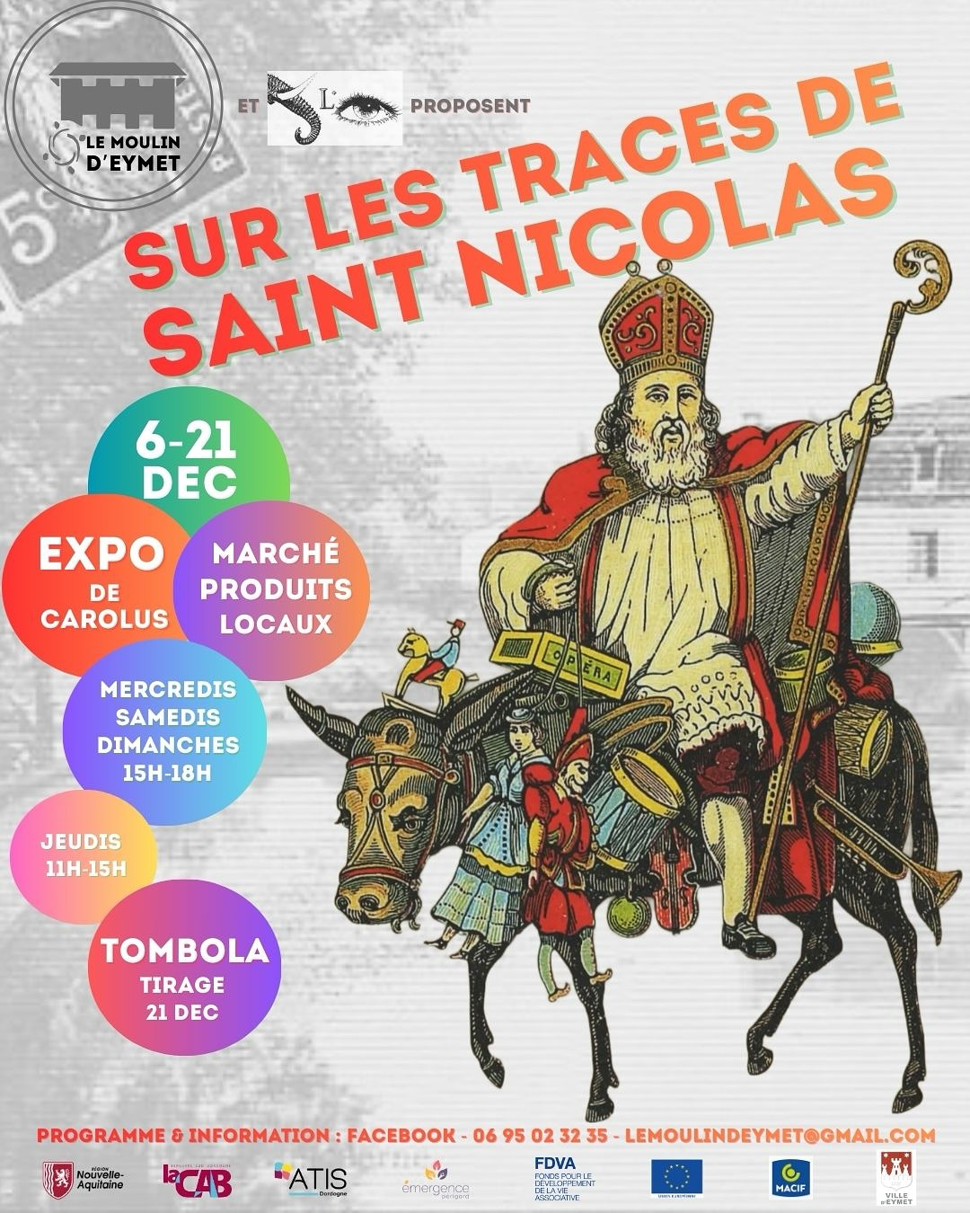 Voici le programme de décembre au Moulin.
Nous vous attendons dĂšs le 6 dĂ©cembre au Moulin pour fĂȘter la Saint Nicolas !