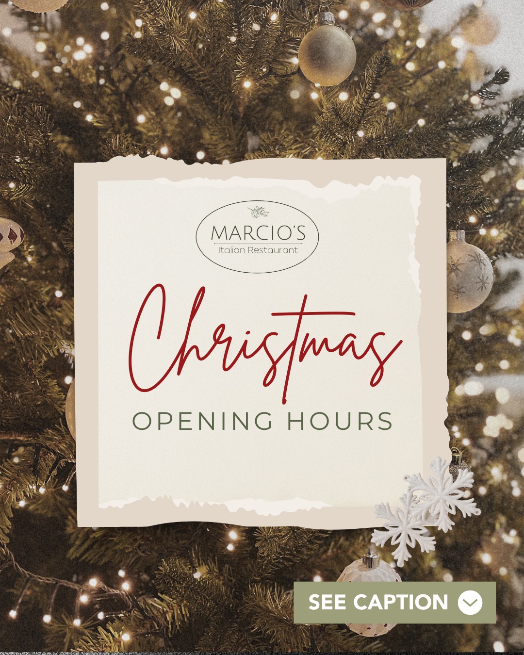 🎄 Festive Season Opening Hours 🎄
Here’s everything you need to know for December and early January!
📅 December Sundays
7 Dec - open 12pm - 4pm
14 Dec - FULLY BOOKED
21 Dec - open 12pm - 4pm
🎅 Christmas Week
24 Dec: 12pm - 3pm | 6pm - 9pm
25 Dec (Christmas Day): closed
26, 27 + 28 Dec: 12pm - 3pm | 6pm - 9pm
✨ 29, 30 + 31 December
29 Dec (Mon - exceptional opening):
12pm - 4pm | 6pm - 9pm
30 Dec: normal hours
31 Dec: normal hours
🎉 New Year
1 Jan: closed
2 + 3 Jan: normal hours
Staff Break
Closed 4 - 8 January
We return 9 January with normal hours - updated schedule to follow!
📍 Castle Road, Bedford
📞 07768 431715
📧 info@marciositalianrestaurant.co.uk
💻 Book now - www.marciositalianrestaurant.co.uk
🍷🍝 Slow evenings, full hearts, unforgettable flavours. We can’t wait to welcome you at our Bedford restaurant! ❤️🇮🇹
#FestiveHours #HolidayOpeningTimes #SeasonalUpdate #SeeYouSoon