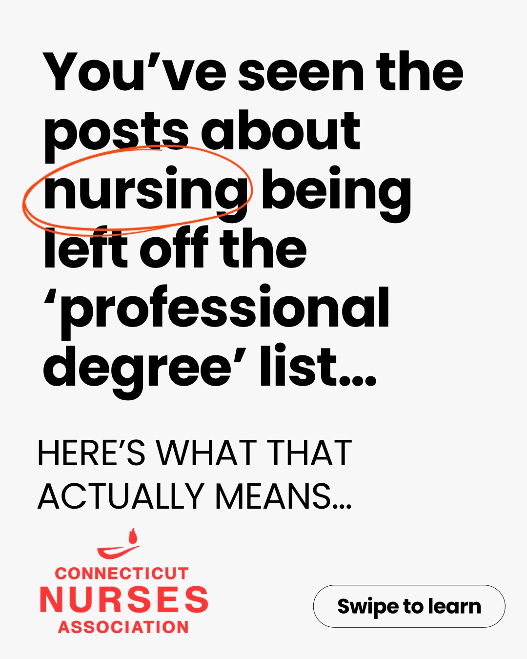 You’ve probably already seen the posts about nursing being left out of the Department of Education’s proposed definition of a “professional degree.”
Here’s what that actually means.
The DOE is using a definition from the 1960s — and nursing isn’t included.
If this stands, all graduate nursing pathways (MSN, DNP, PhD) will continue to be classified as “general graduate programs,” not “professional degrees.”
That matters because:
• Graduate nursing students would only qualify for half the federal loan access of other clinical professions.
• The APRN pipeline (NP, CRNA, CNM, CNS) would shrink at a time when the country needs more advanced practice providers — not fewer.
• This deepens workforce shortages, increases wait times, and reduces access to safe, high-quality care for the public.
• And it sends the message that nursing is not being recognized as a clinical health profession in federal education policy.
Nursing IS a professional degree — and the Department of Education needs to hear that from all of us.
🖊 SIGN THE ANA PETITION
ana.quorum.us/campaign/professionaldegreepetition/
@americannursesofficial
Share this. Tag your colleagues. Let your voice be counted.
#NurseAdvocacy #NurseStrong #CTNurses #ANANurses #APRNs #NurseLeaders #WorkforcePolicy #AmericanNursesAssociation #DOE