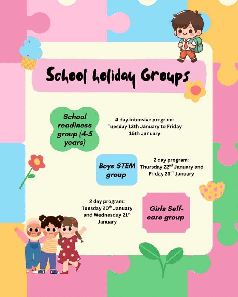 ✨ School Holiday Groups at Allied Health Co – Gregory Hills! ✨
Give your little ones a fun, therapy-supported holiday experience with our January group programs! 🌈
From School Readiness, Boys STEM, to Girls Self-Care, we have something for every child.
Limited spots available — book now! 💛
🔗 Book now: www.alliedhealthco.com.au/bookings
📞 02 9051 2428
📍39-47 Lasso Road, Gregory Hills 2557
#OccupationalTherapy #AlliedHealthCo #GregoryHills #PaediatricOT #Independence #TherapyGoals #LifeSkills #TeamPerla