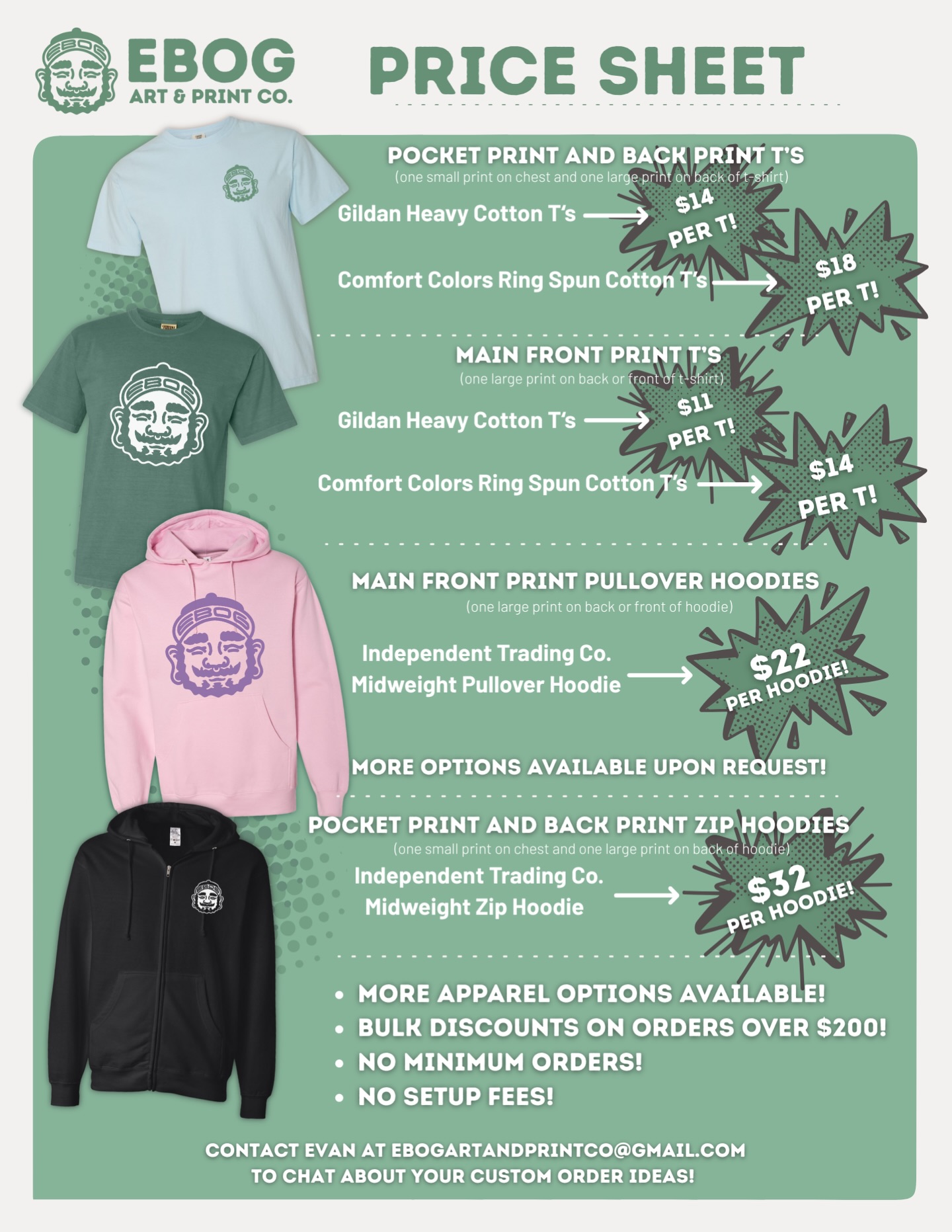 Need a custom gift this holiday season?
-
Have an art market you need to make merch for?
-
Have a business that needs to restock their merch for the holiday season?
-
I wanted to give a little visual for folks before the holidays to show pricing on what we offer for our custom print options. No minimum orders, no setup cost and discounts on bulk orders!