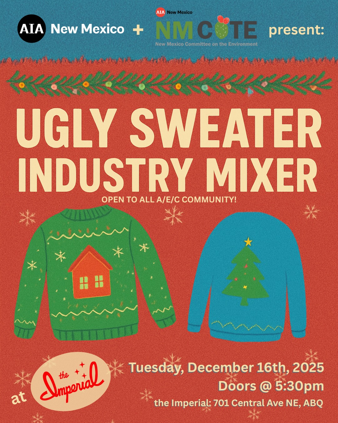 It's that time of year again... Calling all AEC industry members with a passion for Food, Drinks, and Ugly Sweaters! Come hang out with us at @theimperialabq on Tuesday, 12/16! We can’t wait to see everyone!
#architects #engineers #planners #landscapearchitects #designers #aecindustry #mixer #networking #local #craftbeer #cocktails #aia @aianewmexico @aiaalbuquerque @aiasantafe @seanewmexico @nmasla @unmaias @nomanewmexico @asanmsubs @agc_nm_ @iida_southwest @abc_new_mexico @csiabq50