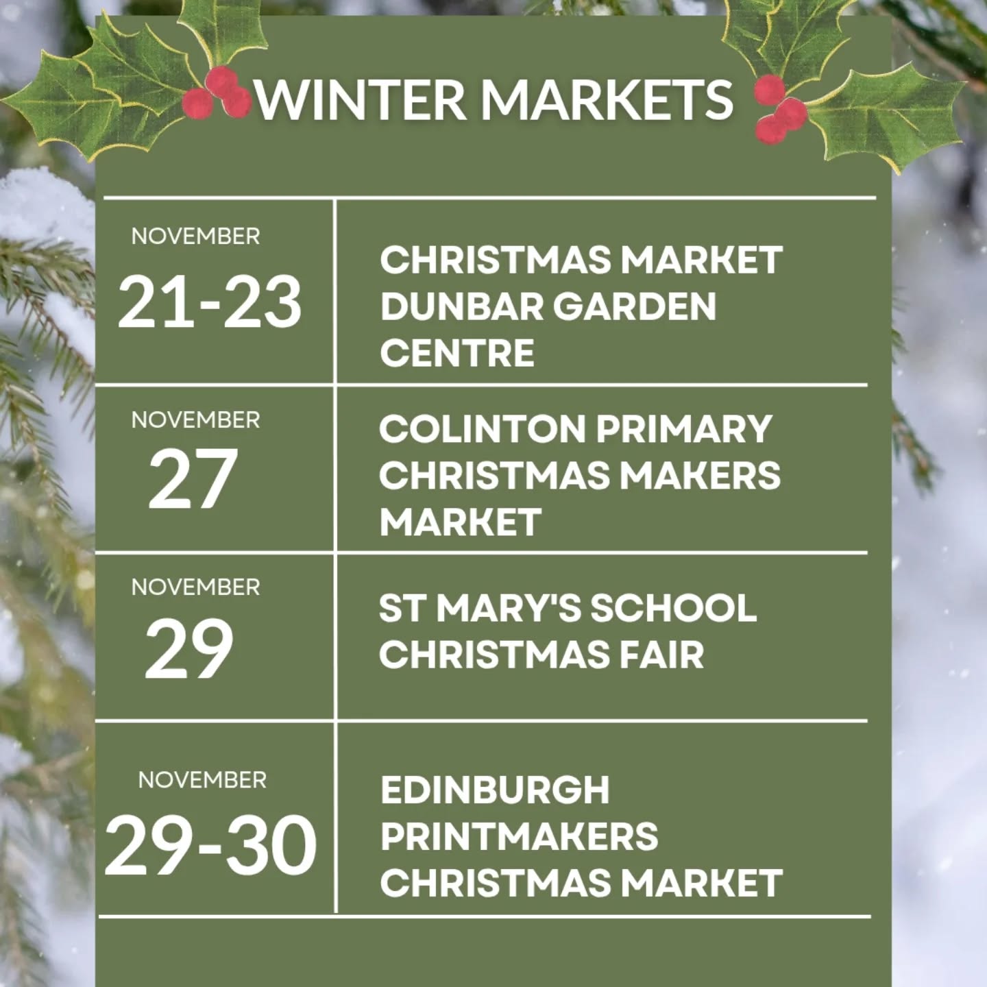 A busy month ahead ❄️
We'll be at a few lovely winter & Christmas markets over the coming weeks, with selection of Eira Soaps favourites, lots of soaps and gift boxes that are perfect for gifting or a quiet moment of self-care.
All dates and locations are in the graphics above.
Feel free to save this post or share it with someone who might enjoy a festive wander ✨
Hope to see some familiar faces and meet new ones too 🤍🤗
#Edinburgh #WinterMarkets #ChristmasMarkets
#HandmadeInScotland #whatsonedinburgh