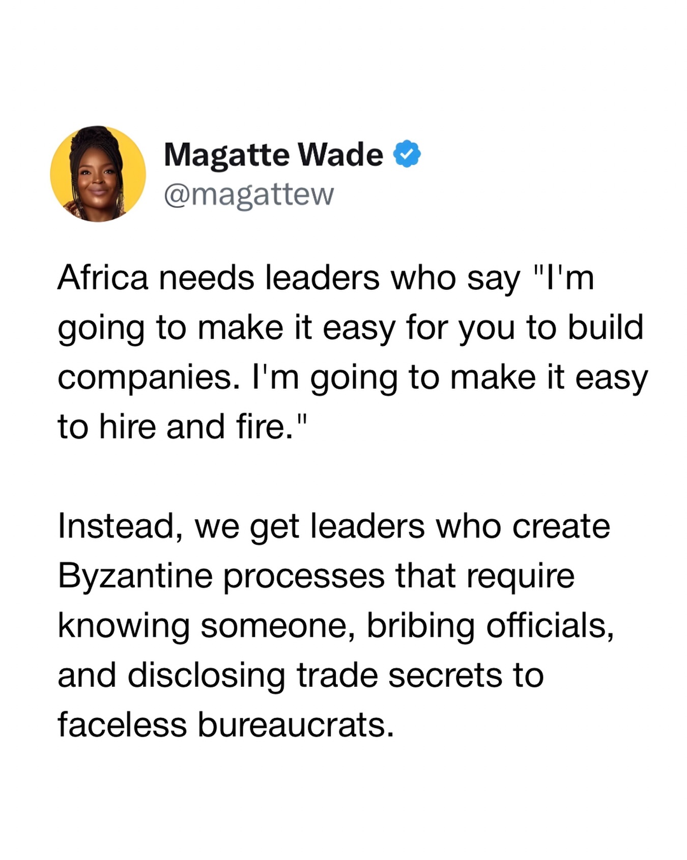 Africa needs leaders who understand this:
When you make it hard to fire, you make it impossible to hire.
No entrepreneur risks hiring when they can’t course-correct. Labor laws that “protect” workers actually destroy the jobs that would’ve been created.
We need leaders who make it EASY to:
✓ Start businesses (24 hours, not 24 months)
✓ Hire talent (no bribes required)
✓ Build, pivot, and grow (without Byzantine bureaucracy)
Agree or disagree? Let me know in the comments.