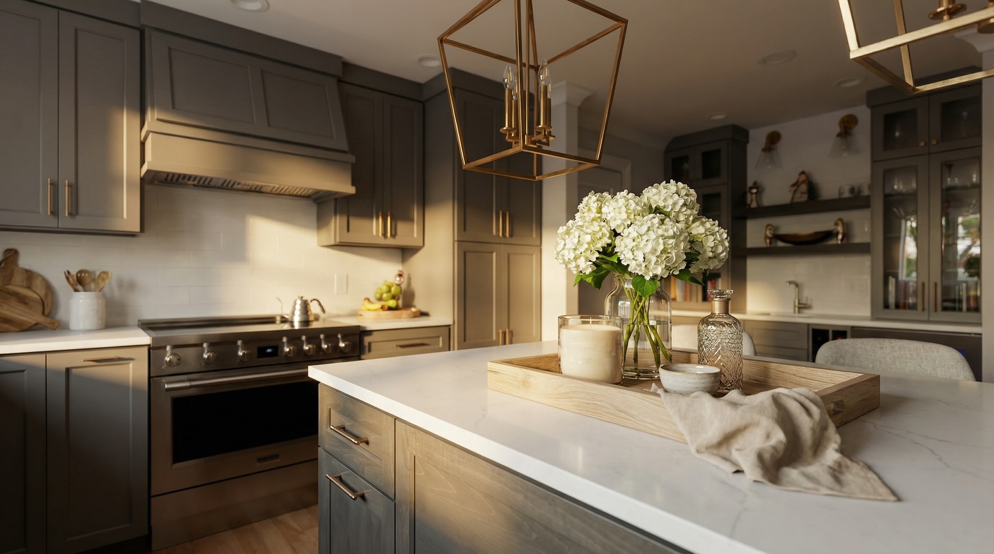 👀 at this transformation 🤯 Our clients wanted to upgrade their kitchen and get rid of the washer and dryer hidden behind the double doors. We moved the laundry space to the basement and used the nook in the kitchen for their new beverage center. We relocated the fridge and replaced it with a new custom pantry, giving them space for a larger range. The custom range hood has a front decorative panel secured with magnets to allow for easy service. These beautiful cabinets were crafted by @walnut_hill_woodworking and countertops from our friends @phoebusprimus & @csicountertops