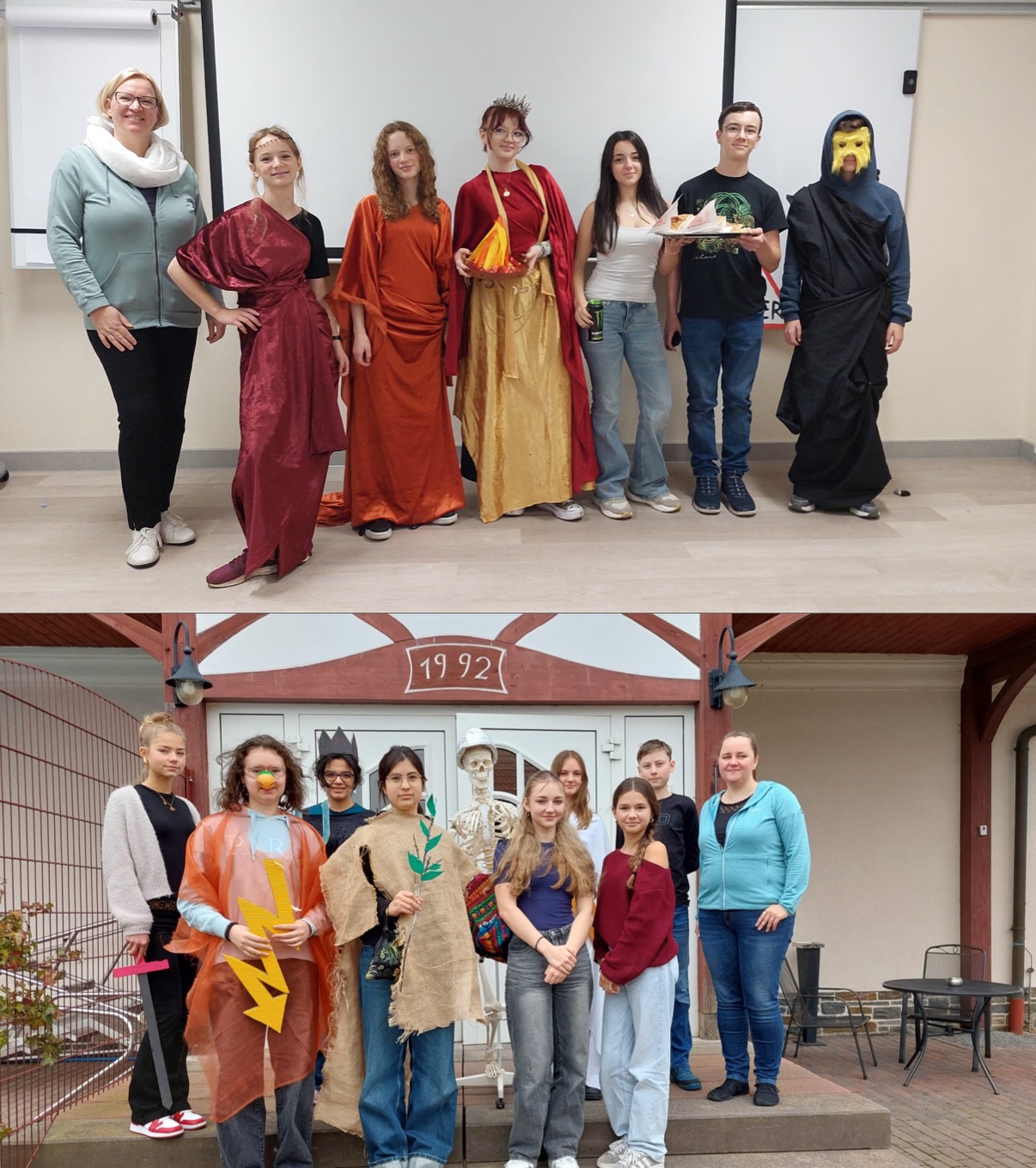 Regionales Sprachenseminar in Werdau 2025
Ganz im Zeichen der Magie stand das diesjährige Regionale Sprachenseminar unter dem Motto „Magic 2.0 – Anything is possible“ vom 11. - 14. November 2025 in Werdau.
In den vier Sprachgruppen Französisch, Latein, Spanisch und Russisch erstellten Schüler der Klassenstufen 8 und 9 ein gemeinsames Theaterstück zu diesem Thema in der Fremdsprache, erfanden eine Handlung, schrieben ein eigenes Drehbuch, bastelten Kulissen und Kostüme und probten bis in die späten Abendstunden, damit die Präsentation ein voller Erfolg wurde.
Englisch galt während des Seminars als Lingua franca. Jede Sprachgruppe integrierte Englisch in ihr Stück oder nutzte es im Rahmen der Feedbackrunden.
Als Ausgleich zur anstrengenden Kopfarbeit durften sich alle Teilnehmer abends auch sportlich betätigen und lernten so auch die anderen Schüler besser kennen.
Unser Gymnasium wurde vertreten durch Jette Scheithauer (Französisch), Emma Müller, Drilena Hoxha (Russisch), Luna Geiger (Latein) sowie Beatrice Schmalfuß (Spanisch).
Wir fanden es sehr beeindruckend, wie hoch die Motivation der Schüler während des gesamten Seminars war, wie gut sie als Team zusammen- arbeiteten und welch tolle Präsentation sie als Abschluss zeigten.
A. Woitscheck und S. Gündel
#sprachenseminar #languagesareourfuture #graupnergym