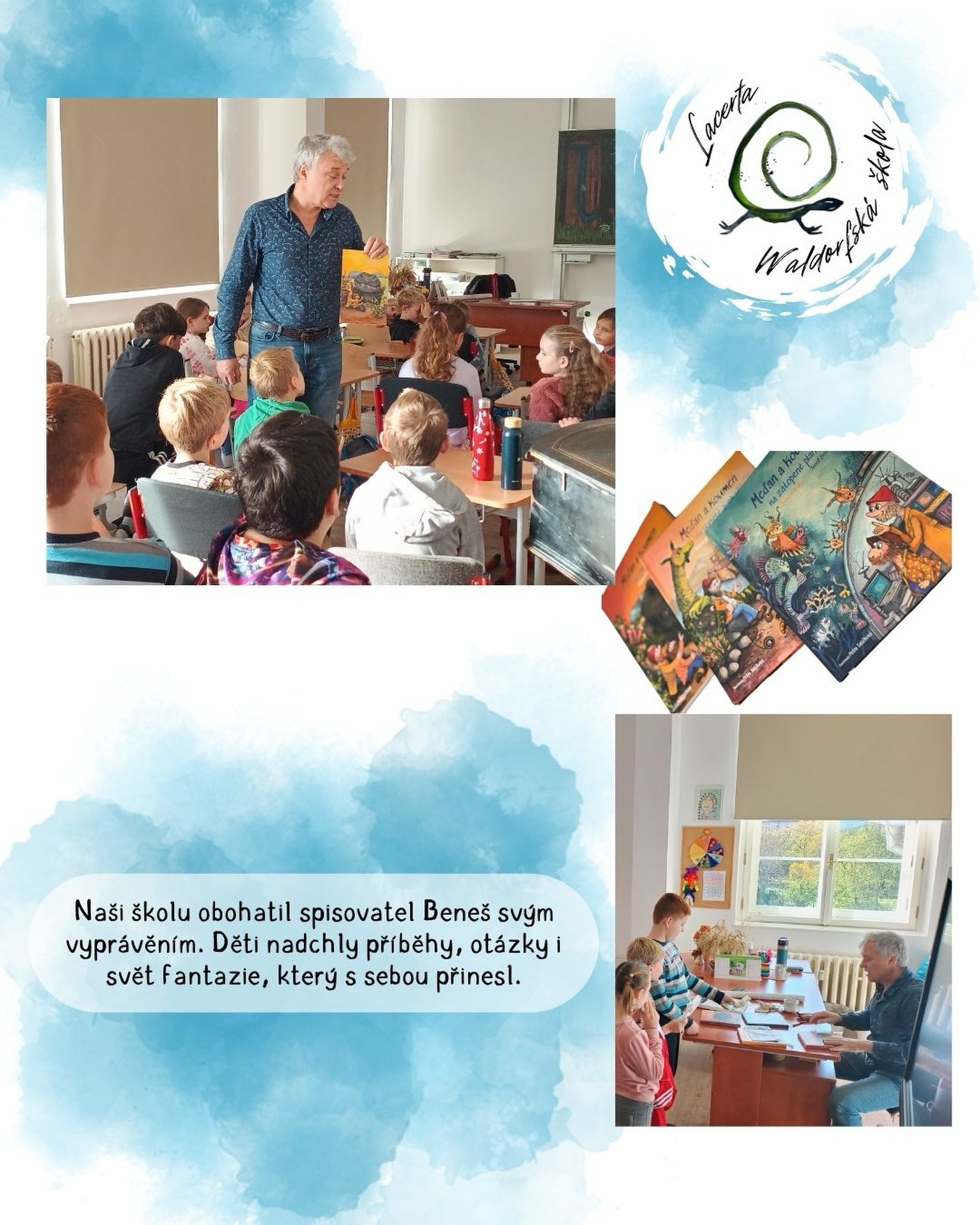 📚 Návštěva spisovatele Josefa Beneše u nás ve škole! 🦎
Měli jsme tu čest přivítat spisovatele pana Josefa Beneše, autora dětské knihy Meďan a Koumen (@fofrovak). Děti si s ním povídaly, ptaly se na jeho zážitky.
Setkání bylo velmi inspirativní a některé děti odcházely s chutí vytvořit vlastní příběh — nebo aspoň nápad na něj. ❤️
Děkujeme panu Benešovi za milé setkání a jeho čas.
#knihy #skola #waldorf #děti