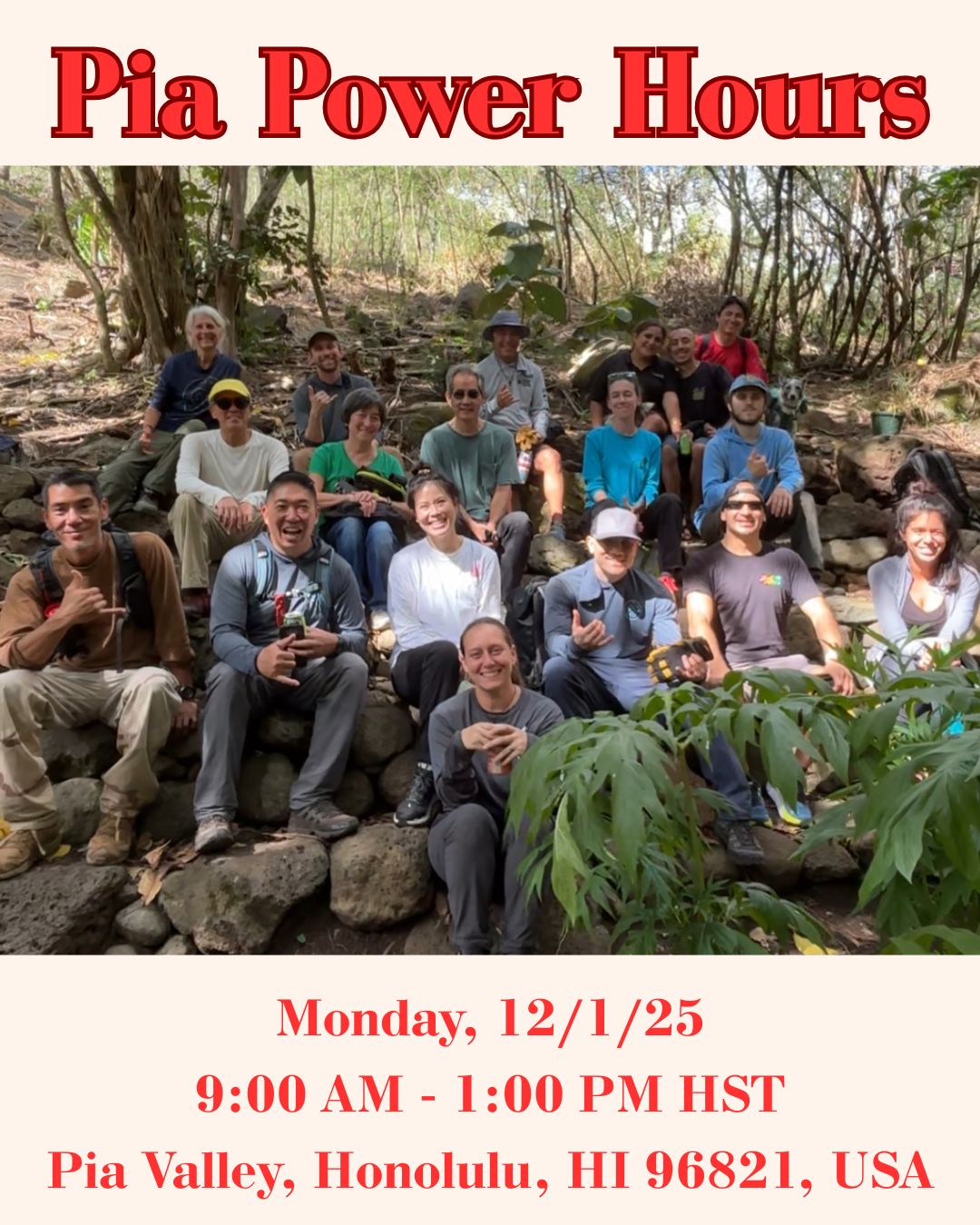 Join us every Monday for Pia Power Hours, a hands-on opportunity to get outside and support conservation efforts! Learn and work alongside Chris Wong, our Conservation Manager, and take part in a variety of important restoration activities.
Dec 01, 2025, 9:00 AM – 1:00 PM HST
Pia Valley, Honolulu, HI 96821, USA
(Meet us in the cul de sac at the end of Anolani St)
https://wix.to/QYT0VkI
#hawaii #nativeforest #restoration #volunteer #rsvpnow #savethedate