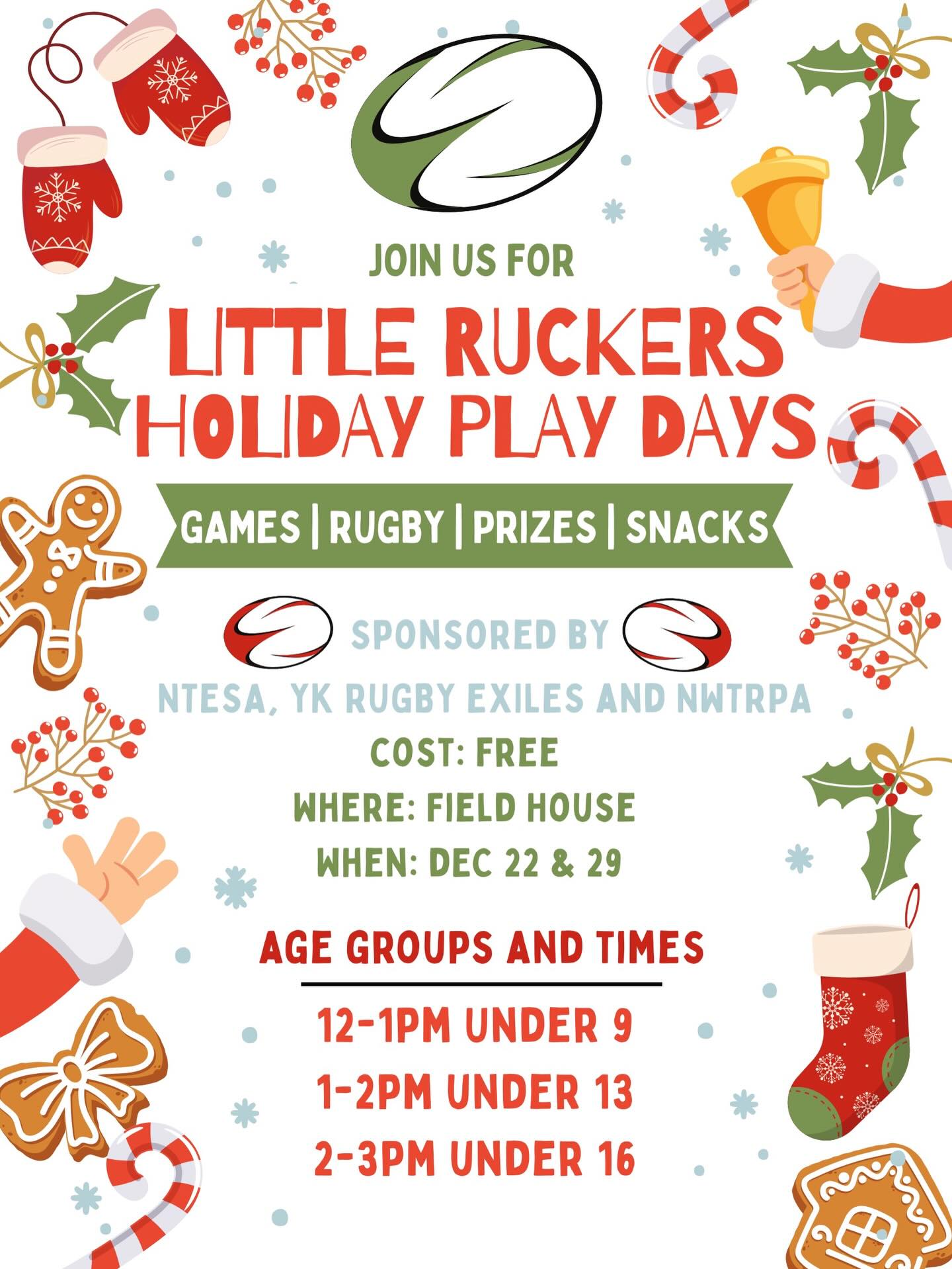 Needing something to do this holiday break?
NTESA, YK Rugby Exiles, and NWTRPA are excited to host Little Ruckers Holiday Play Days 🎄🏉
Packed with games, rugby, prizes, and snacks! 🏉🎁
💲 FREE
📍 Field House
📅 Dec 22 & 29
⏰ Age-based time slots (see poster)
Hope to see you there!!