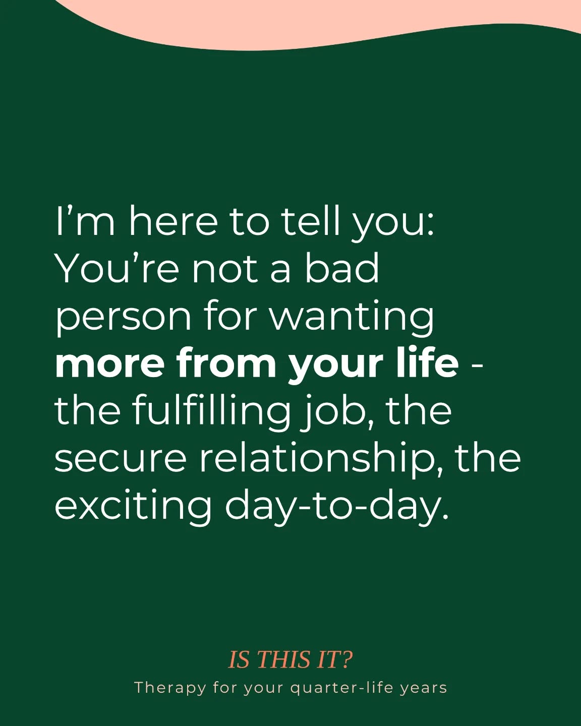 You’re not a bad person for wanting more from your life.
I know it feels like you’re the problem, but you’re not.
You tell yourself you should just be grateful. You have a job, a relationship, a life that looks “fine”… so why does something still feel like it’s missing?
You worry that wanting more makes you unappreciative, dramatic, or “hard to please.”
But here’s the truth: that craving for more isn’t entitlement it’s understanding.
It’s the part of you that knows you’re not living in alignment anymore.
Maybe you want a career that doesn’t drain you.
A relationship that feels secure, not confusing.
A day-to-day that feels exciting, not heavy.
So here’s where things shift.
When you stop shaming yourself for wanting more and start listening to what those feelings are trying to tell you, everything changes.
You realise your desires are information, not flaws.
In therapy, we explore that desire for “more” together.
Where it comes from, what it means, and how to build a life that actually fits you, not the version of you who was just trying to cope.
If you’re in your 20s or 30s and tired of feeling guilty for wanting a life that feels better… I’m here to help.
Follow @therapy_isthisit for more support as you figure out who you’re becoming and how to make those changes to your life 🫶
.
.
#wantingmorefromlife #feelingbehind #quarterlifecrisis #lifeinyour20s #quarterlifetherapist #comparison #decisionparalysis #getunstuck #selfdoubttoselftrust #moderntherapy #therapyforoverwhelm