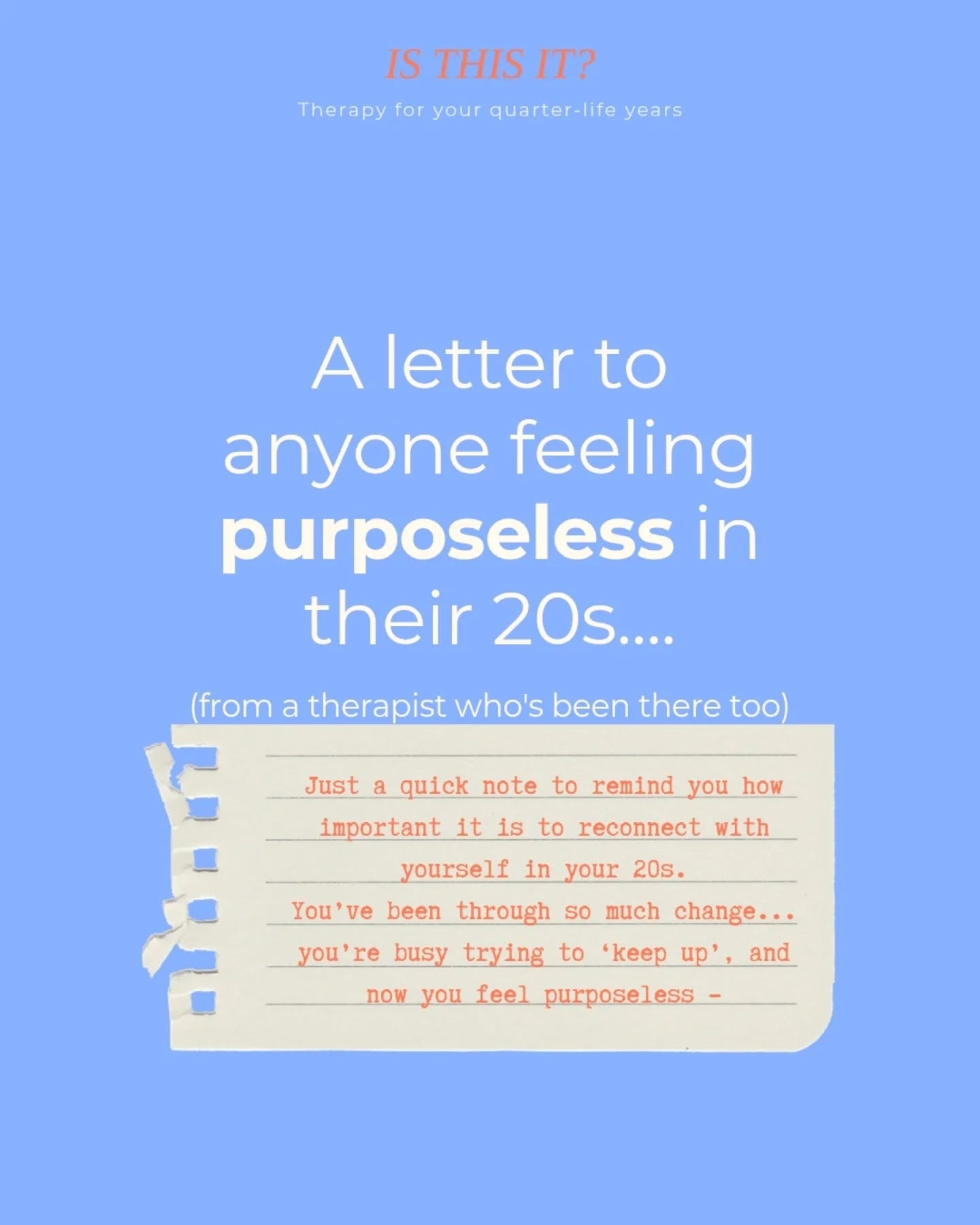You’re reading this thinking “you've written that letter for me”
This is exactly the kind of work I do with my clients, it's all about getting you to where you feel whole again.
Together, we explore who you are now, what you want moving forward, and how to make decisions from self-trust instead of panic or pressure.
It’s calm, human, and tailored to you, no rigid timelines, no judgment, no stuffy therapy office.
If you’re considering therapy, I offer a free intro call so you can see if we’re the right fit ✌️
Find the link in my bio, or follow @therapy_isthisit for more support in your 20s and 30s.
.
.
.
#anxietyhelp #quarterlifecrisis #getunstuck #therapyforanxiety #therapyforoverwhelm