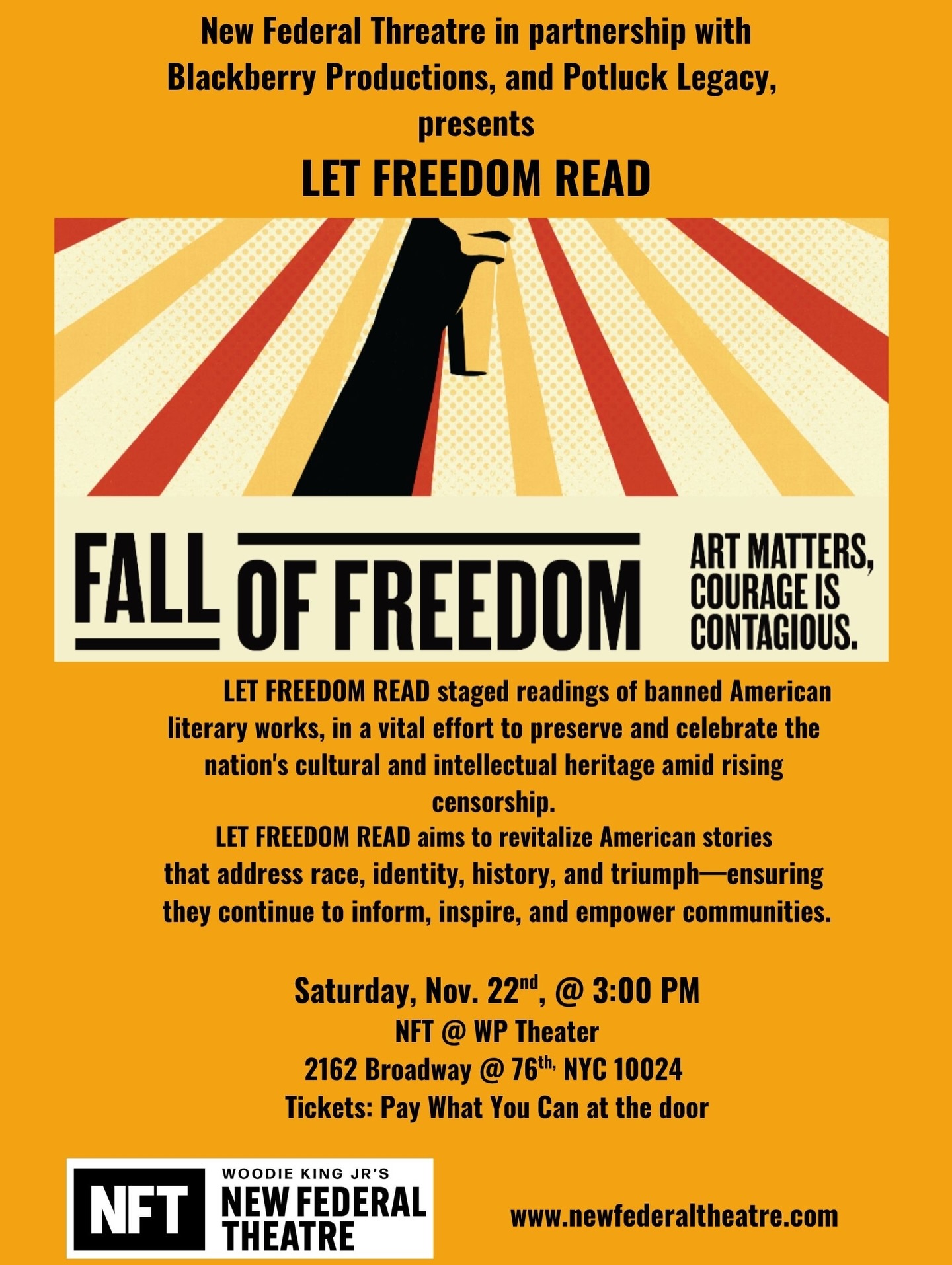 Pay what you can at the door!
Join us this Saturday, November 22nd at 3pm for staged readings of banned American literary works!
In partnership with Blackberry Productions and Potluck Legacy!
Pay what you can at the door!