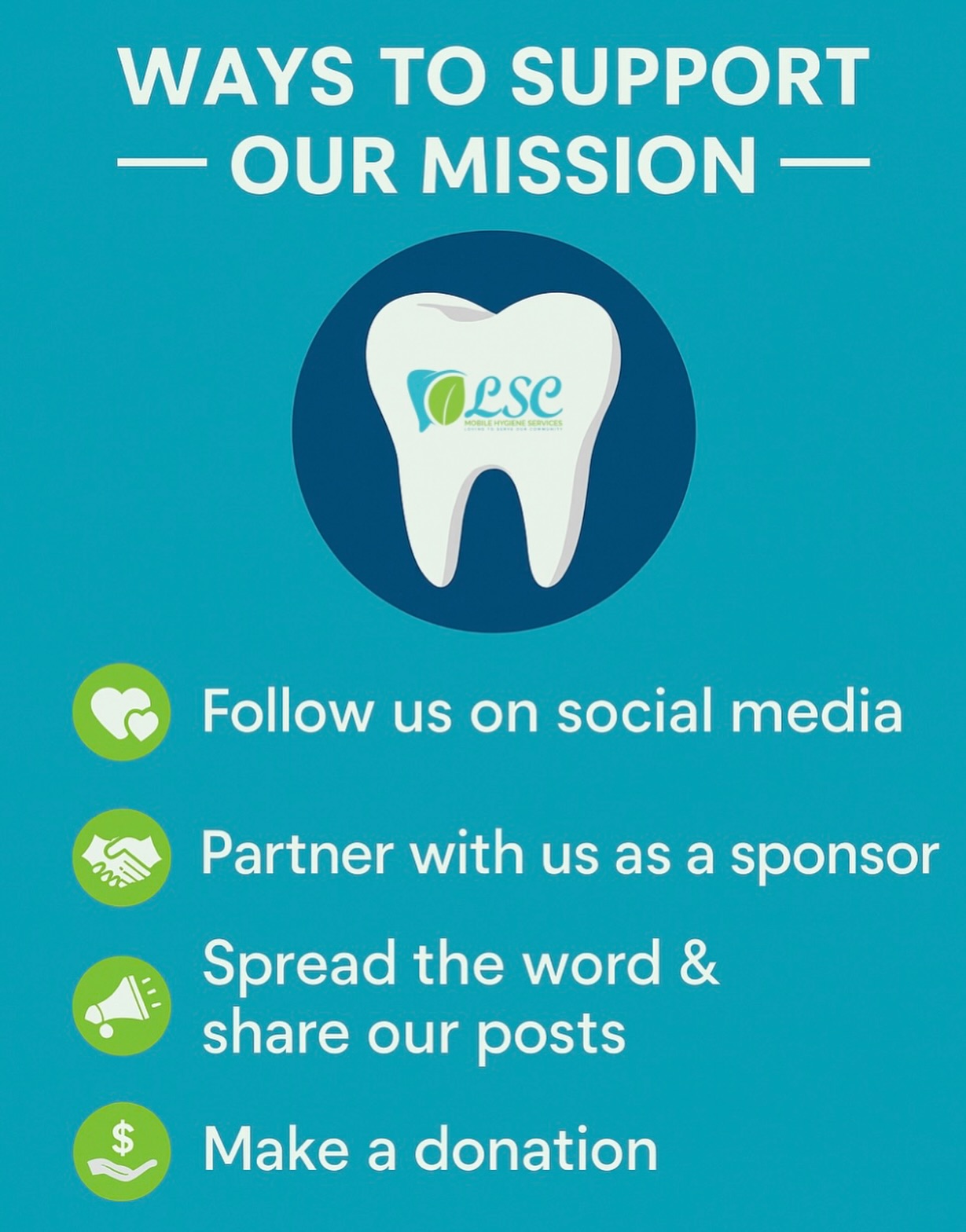✨ FREE Community Dental Care
Every smile we protect begins with community support.
Here’s how YOU can help LSC Mobile Hygiene Services Inc. continue providing free dental care to underserved families:
💚 Follow us on social media
🤝 Become a sponsor and support our Healthy Smile, Healthy You initiative
📣 Share our posts to spread awareness
💲 Make a donation to help us reach more communities
📌 Sponsors: Your partnership fuels access, education, and healthier futures.
➡️ Join us at www.lscmobilehygienist.com
#CommunityCare #HealthySmileHealthyYou #LSCNonprofit #SponsorSmiles #SupportTheMission