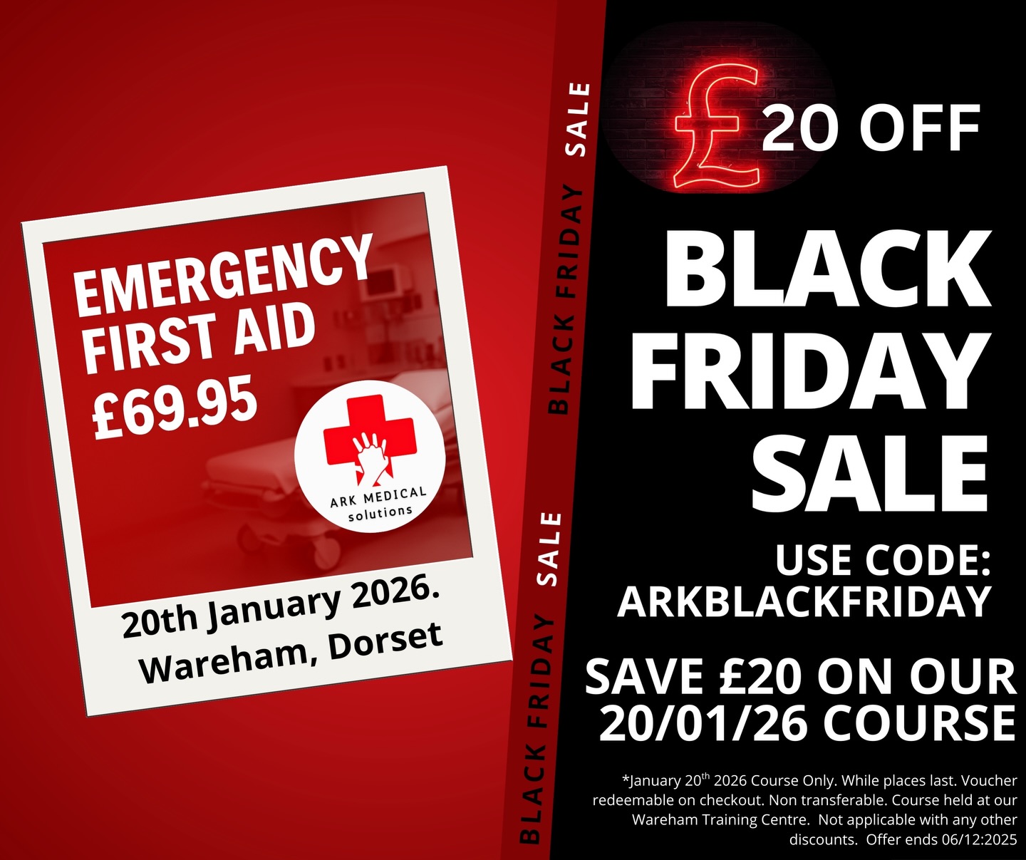🚨 Black Friday Special! 🚨
Secure your spot for the Ark Medical Solutions Emergency First Aid at Work Course for just £69.95!
🏥 Join us in Wareham on January 20, 2026, and learn from serving emergency service professionals that are doing the job.
Use code “ARKBLACKFRIDAY” at checkout.
This offer is time limited and available while places last for our January 2026 EFAW public course only.
Don’t miss out on training from Dorset’s trusted first aid provider! Sign up now! 💪 #FirstAid #BlackFridayDeal arkmedicalsolutions.com
