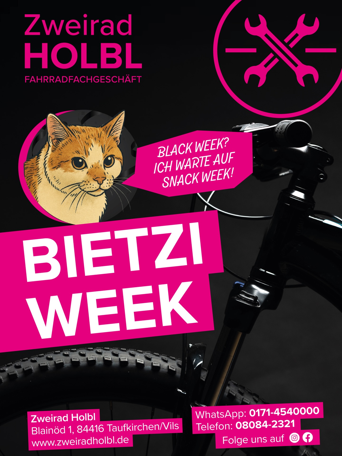 🐾 BIETZI WEEK bei Zweirad Holbl! 🐾
Unser Kater Bietzi sagt: „Black Week? Ich warte auf Snack Week!“
Aber für euch gibt’s fette Deals auf Bikes & Zubehör! 🔥
⭐ E-Bike Angebote
⭐ MTB Schnäppchen
⭐ Gravelbike Highlights
⭐ KASK Helme zum Mega-Preis
… und vieles mehr!
📍 Zweirad Holbl
Blainöd 1 • 84416 Taufkirchen (Vils)
📞 08084-2321
📧 servus@zweiradholbl.de
🌐 www.zweiradholbl.de
📸 Instagram: @zweiradholbl
👉 Kommt vorbei – solange der Vorrat reicht!
#bietziweek #zweiradholbl #taufkirchenvils #fahrradladen #bikecommunity #mtbdeals #ebikedeals #blackweek #bikesale #kaskhelm #gravelbike #ktm #giantbikes #bhbikes
#dorfen #vilsbiburg #veldenvils #miagfreinunsaufeich @kask_sport @bhbikesde @ktmbikeindustries @giantgermany @foerderkreis.dorfen @taufkirchenaktiv