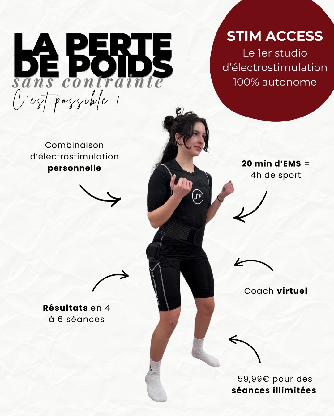 La perte de poids sans contrainte et sans frustration ?
Chez STIM ACCESS, c’est possible !
STIM ACCESS est un studio d’électrostimulation 100% autonome géré par IA !✨🤖
Nos avantages ?
✨ Combinaison d’électrostimulation personnelle
✨ Réservations et annulations à la dernière minute
✨ Concept adapté à tous les objectifs
✨ Sport en seulement 20 minutes top chrono
✨ Seulement 59,99€ par 4 semaines pour une utilisation en illimité
Alors, ça te tente ?
Séance d’essai offerte 🔥
#electrostimulation #sport #pertedepoidsrapide #sportmotivation #ems