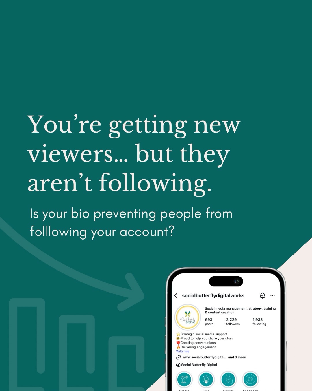 You’re getting the views but not the follows… your bio could be the problem!
Think about it … most of us want to know the details before we join the party.
If your bio isn’t inviting or clear, I won’t know if your account is for me.
Save this for later… or if you’d like help with optimising your account get in touch!
#socialmediamarketing #socialmediaforbusiness